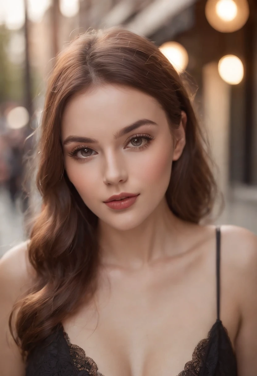 (sharp focus:1.2), photo, attractive young woman, (beautiful face:1.1), detailed eyes, luscious lips, (cat eye makeup:0.85), (large eyes:1.0), (toned body:1.2), , curvy body, wearing (romper:1.2) on a (street:1.2). (moody lighting:1.2), depth of field, bokeh, 4K, HDR. by (James C. Christensen:1.2|Jeremy Lipking:1.1).