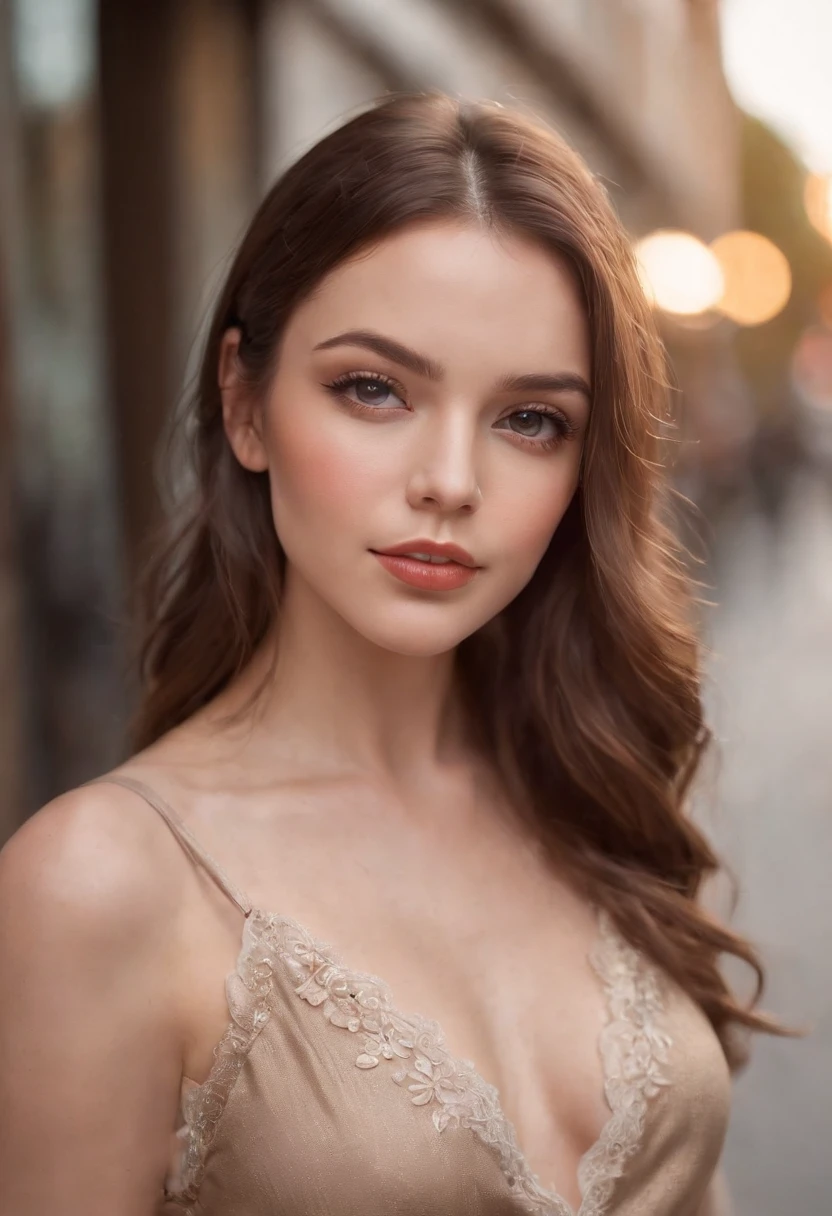 (sharp focus:1.2), photo, attractive young woman, (beautiful face:1.1), detailed eyes, luscious lips, (cat eye makeup:0.85), (large eyes:1.0), (toned body:1.2), , curvy body, wearing (romper:1.2) on a (street:1.2). (moody lighting:1.2), depth of field, bokeh, 4K, HDR. by (James C. Christensen:1.2|Jeremy Lipking:1.1).