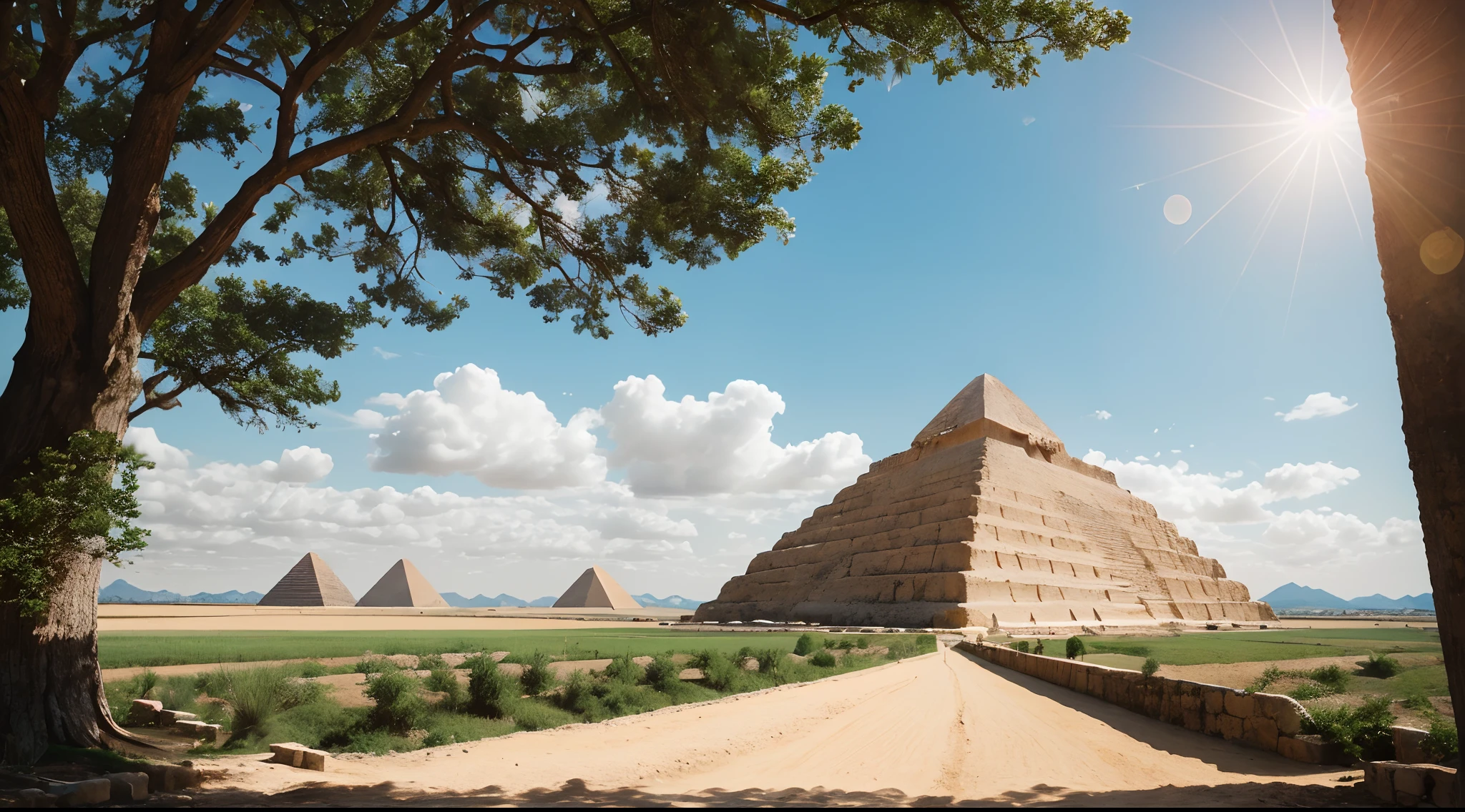 3500 a.C., Delta verdejante do Nilo, hieroglyphs, Pyramids 3500 to.C. Branca com topo em ouro, Palmeiras, amber light, cinemactic, sonhador, 8k capturado com uma Nikon D800, ((melhor qualidade)), ((obra-prima)), (detalhado), (paisagem de nuvens detalhada:1.3), (alta resolução:1.2)