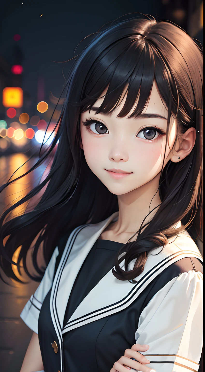 masutepiece, Best Quality, 8K, White and black sailor suit,hi-school girl,18year old, Teen, Raw photo, absurderes, award winning portrait, Smile, Smile, Solo, Night, neons, Idol face, violaceaess, gardeniass, Delicate girl, Upper body, Digital SLR, Looking at Viewer, Candid, Sophisticated, zora々Right, Thin arms, Professional Lighting, Film grain, chromatic abberation, (Eyes and faces with detailed:1.0), (Bokeh:1.1)