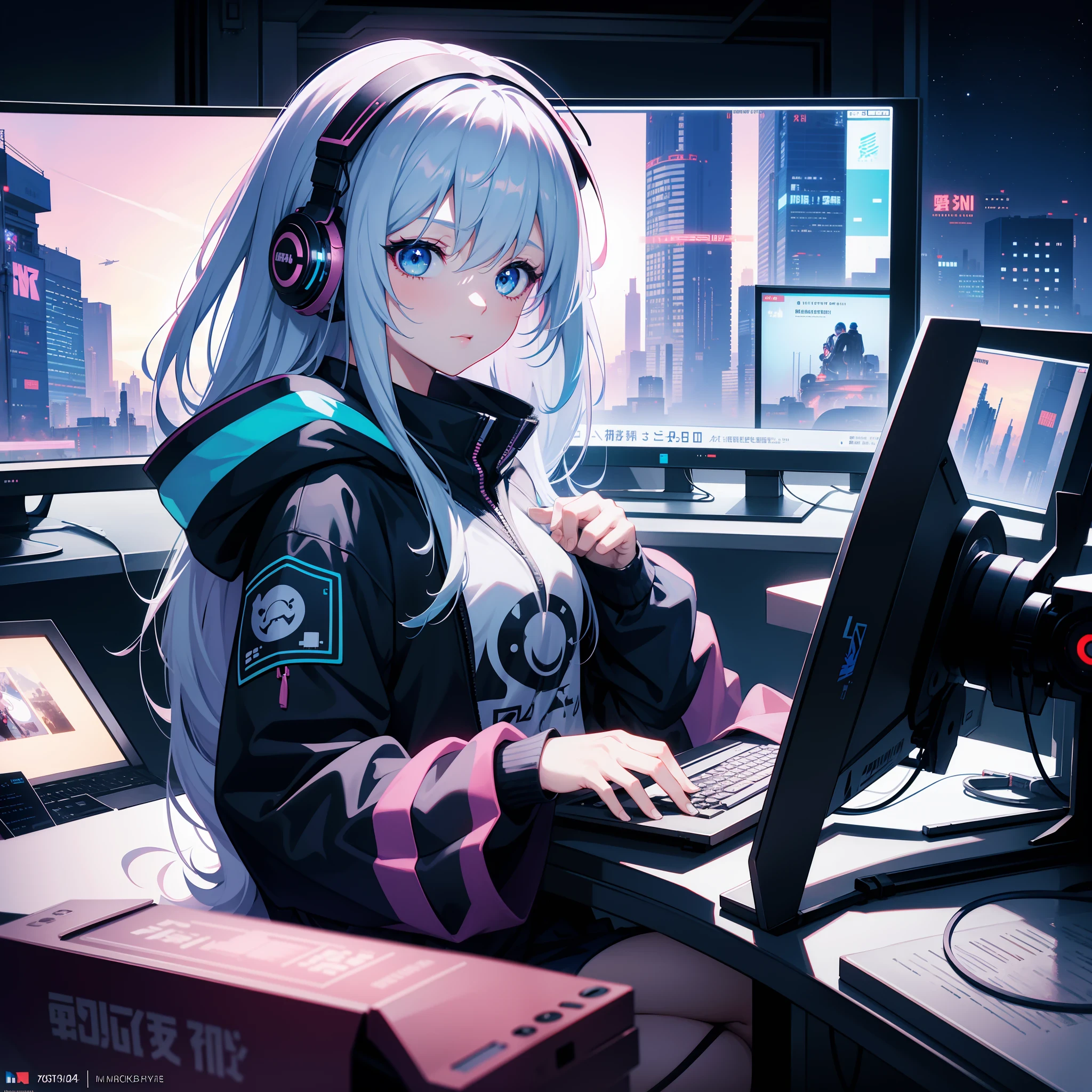 himeko honkai impact,PastelColors、dome、cute little、Music Background, 1girl, wearing sci-fi clothes,ask to follow, aquatic sci-fi, absurdres, high res, ultrasharp, 8K, masterpiece, looking at viewer,masterpiece, high quality, highres, absurdres, ultra-detailed, 8k, 1girl, platinum grey hair, blue hair, multicolored hair, gradient hair, looking at viewer, colorful eyes, colorful hoodie, (sci-fi city), portrait, anime character sitting on a desk with a computer and a monitor, digital cyberpunk anime art, best anime 4k konachan wallpaper, trending on artstation pixiv, anime style 4 k, digital cyberpunk - anime art, guweiz on pixiv artstation, hand not visible