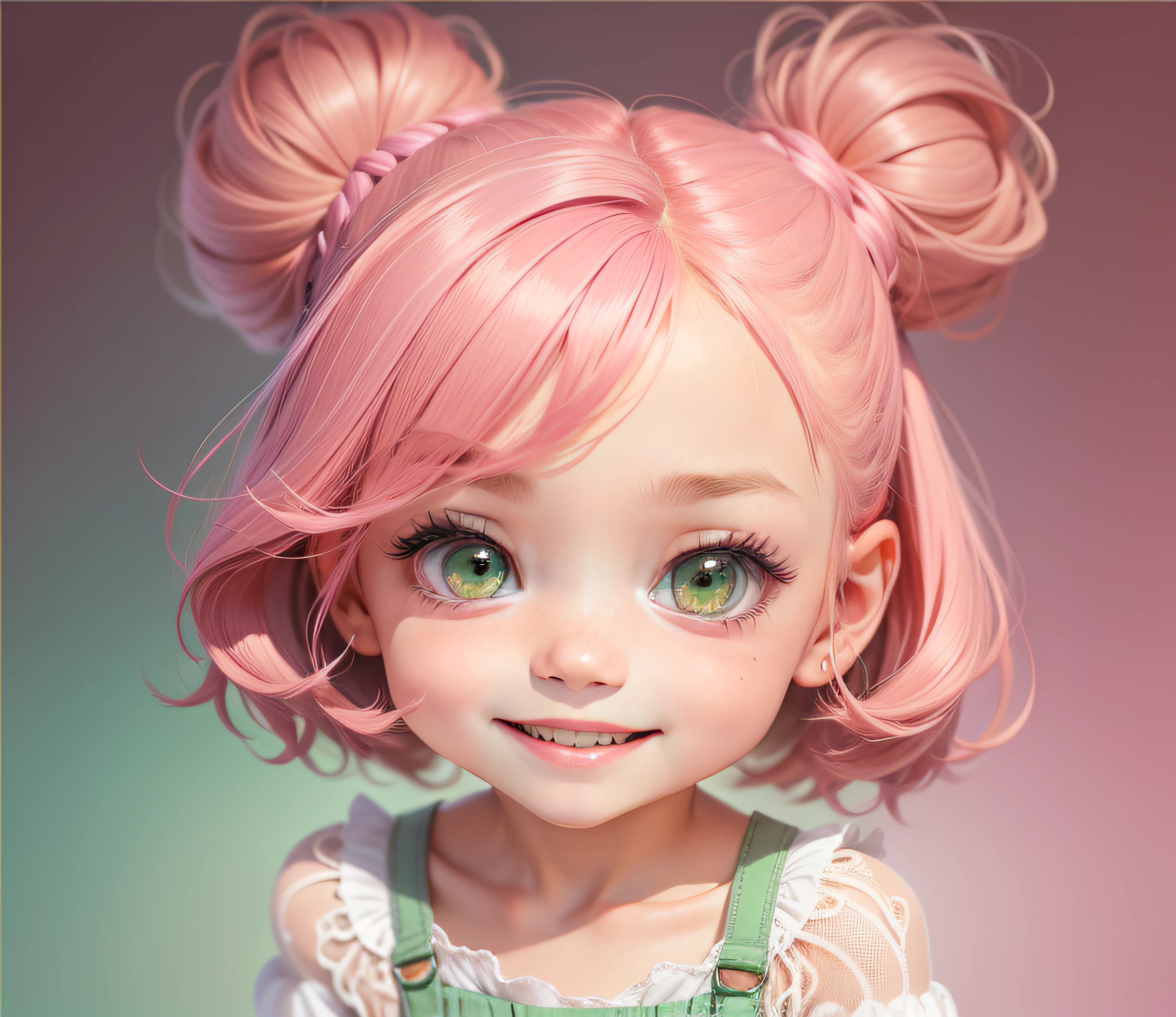 , cartoon, 5 anos aproximadamente, garota pequena, estilo chibi, Olhos grandes, sorriso fofo, cabelo rosa, estilizada, cores vivas, imagem corpo todo, background verde (no gradient)