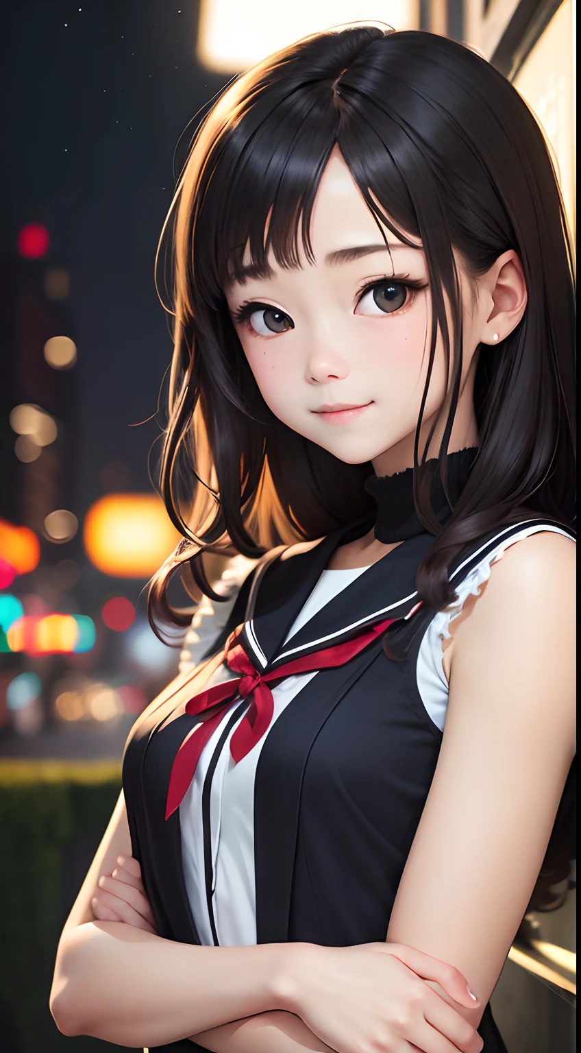 masutepiece, Best Quality, 8K, High school girl 18 years old, Teen, Raw photo, absurderes, award winning portrait, Smile, Smile, Solo, Night, neons, Idol face, violaceaess, gardeniass, Delicate girl, Upper body, Digital SLR, Looking at Viewer, Candid, Sophisticated, zora々Right, Thin arms, Professional Lighting, Film grain, chromatic abberation, (Eyes and faces with detailed:1.0), (Bokeh:1.1)