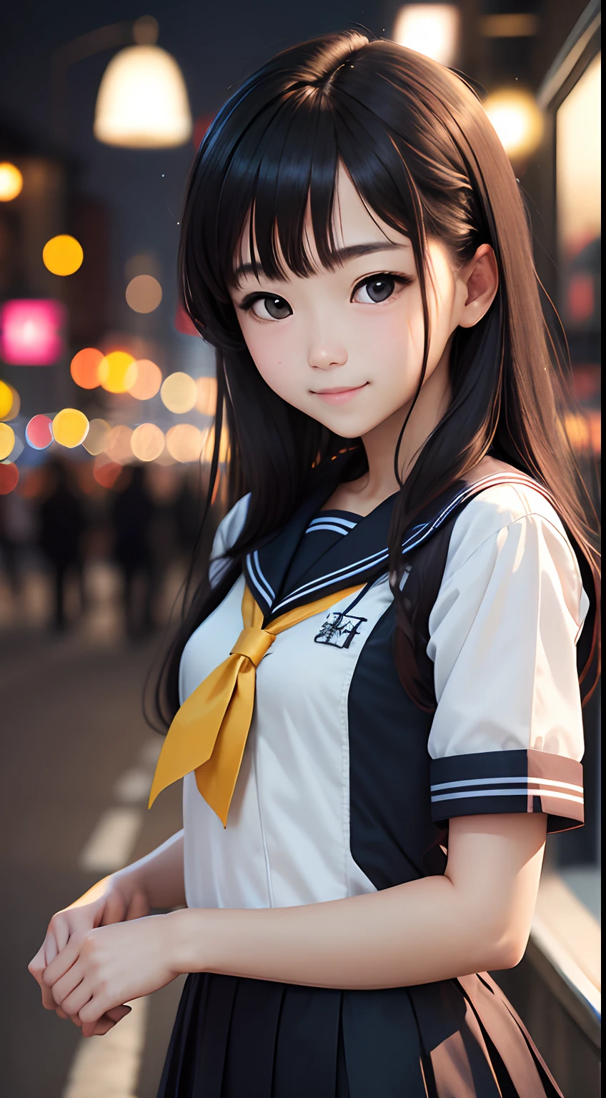 masutepiece, Best Quality, 8K, White and black sailor suit,hi-school girl,18year old, Teen, Raw photo, absurderes, award winning portrait, Smile, Smile, Solo, Night, neons, Idol face, violaceaess, gardeniass, Delicate girl, Upper body, Digital SLR, Looking at Viewer, Candid, Sophisticated, zora々Right, Thin arms, Professional Lighting, Film grain, chromatic abberation, (Eyes and faces with detailed:1.0), (Bokeh:1.1)