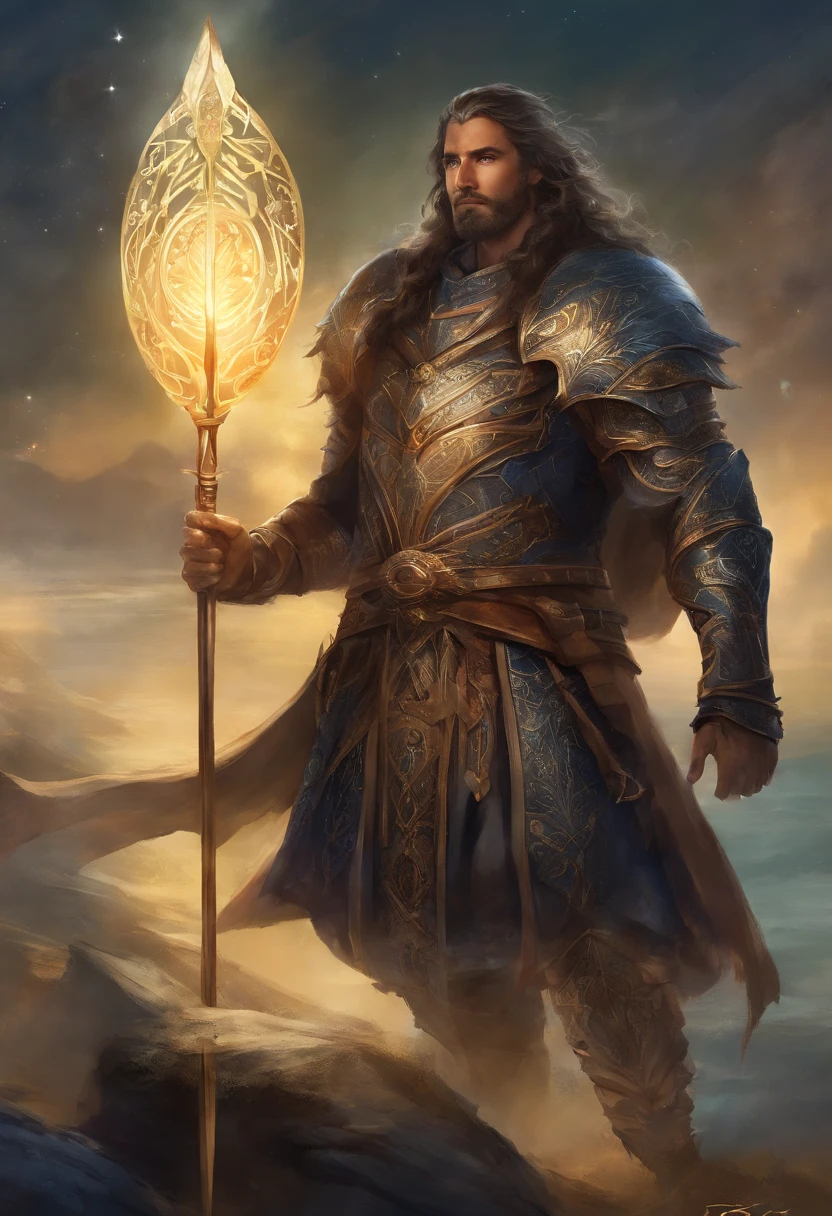 He is Earendil Galadaenar, a man who looks like Idris Elba, Henry Cavil e Rayleigh (one piece) tudo ao mesmo tempo. He is a medieval knight who wears a spear made of black steel in his right hand. He's wearing a body-themed plate armor of starry night and sea during moonlight. He is the last heir to a noble house that prides itself on having come from both the sea and an African tribe. Ele tem a pela um pouco mais escura, but not black.