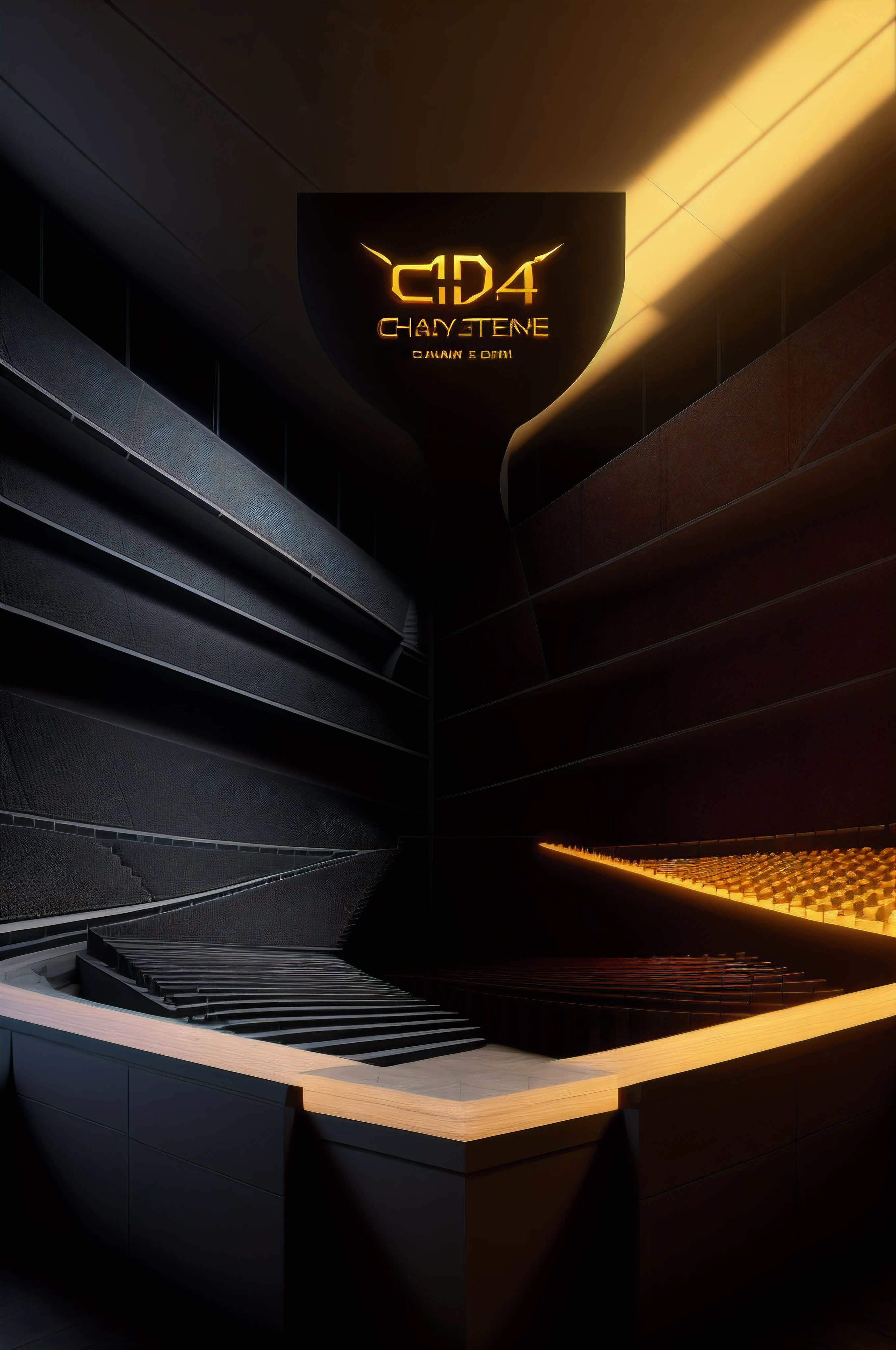 There are trophies above the stage, The background is cold light, Game style, LOL game map, canyons, c4d渲染，3d，Dark style, e-Sport, Strong light and shadow,((Masterpiece)),((Best quality)),((High definition)),((Realistic medium,))