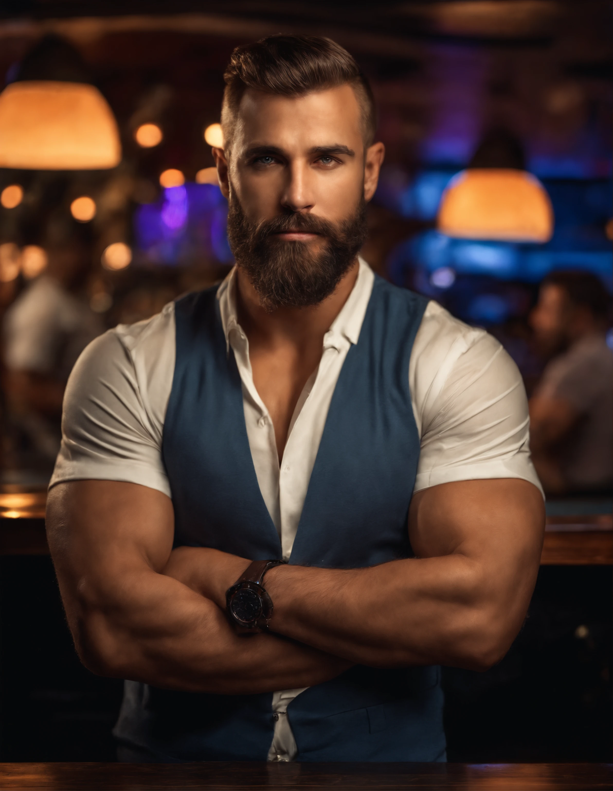 masterpiece, best quality, high resolution, closeup portrait, male focus, solo focus, muscular, burly, hairy, male, a handsome man, perfect face, scruffy beard, short hair, exposed chest, jeans, in a bar, neon lights, front view, full body, amazing composition, front view, HDR, volumetric lighting, ultra quality, elegant, highly detailed