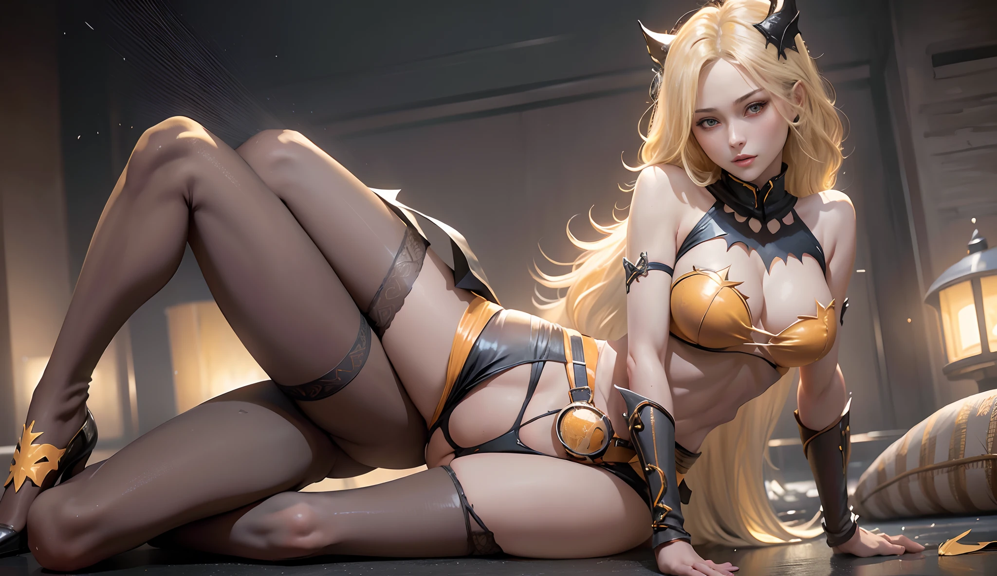 1girll, full bodyesbian, The style of the Batwoman costume, Medium breasts, Yellow Batman logo on chest and belt, Masterpiece, Best quality, Detailed skin texture, Detailed cloth texture, Beautiful detailed face, Intricate details, Ultra detailed, Straight blonde hair, Dynamic pose, (Night Gotham City street background), (Best quality, A high resolution, Photorealistic, primitive, 8K,Masterpiece, ),Best quality, Masterpiec8K.hdr. High ribs:1.2, filmgrain, Blur bokeh:1.2, Lens flare, (vivd colour:1.2), (Delicate),