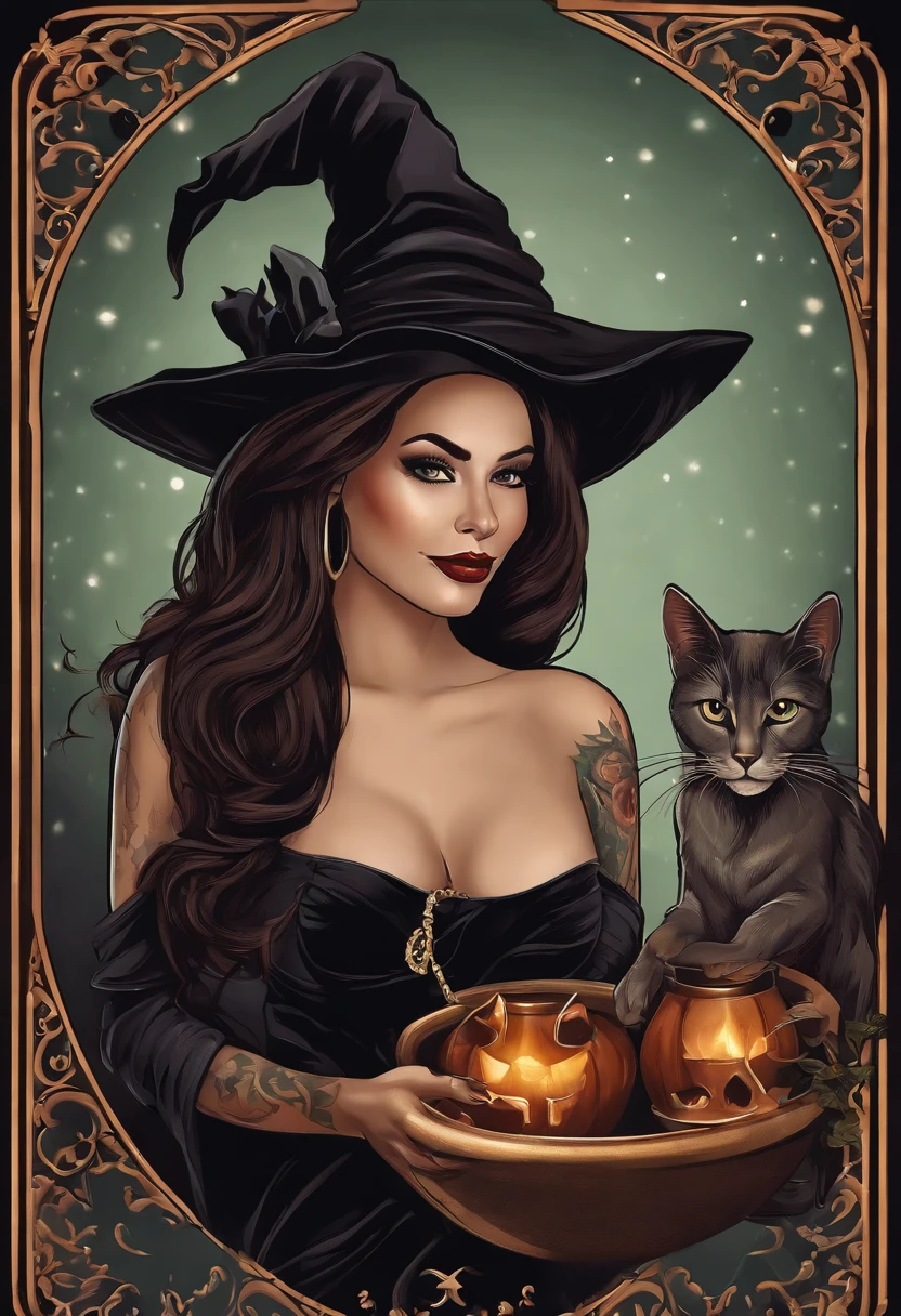 Tattoo convention poster with a beautiful and tattooed witch, wearing traditional black witch dress and witch hat, com cabelos brancos, em seu quarto de alquimista, stirring a cauldron with his black cat on the side watching, tendo como pano de fundo uma noite de fantasia com lua cheia e vista da janela