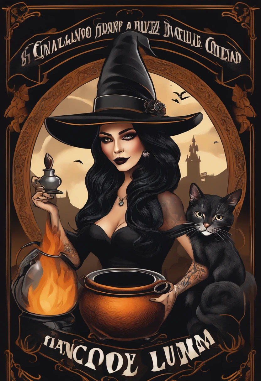 Tattoo convention poster with a beautiful and tattooed witch, wearing traditional black witch dress and witch hat, com cabelos brancos, em seu quarto de alquimista, stirring a cauldron with his black cat on the side watching, tendo como pano de fundo uma noite de fantasia com lua cheia e vista da janela