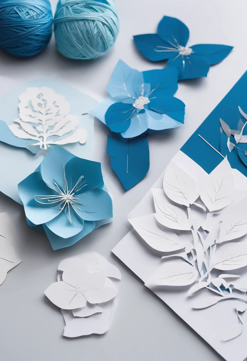 Show details of the hydrangea making process,Such as embroidery needles、Step-by-step completion of embroidery thread and hydrangeas。In bright blue、white colors、Grey predominantly,Highlight the clarity and meticulousness of the production process。