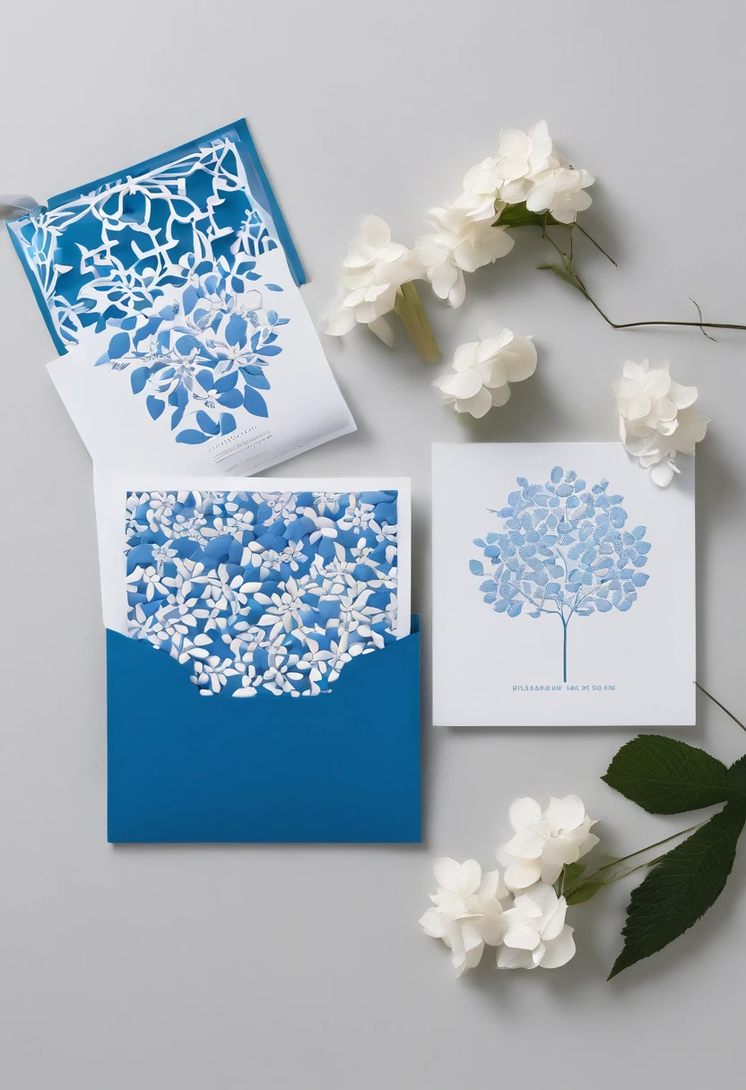 Show details of the hydrangea making process,Such as embroidery needles、Step-by-step completion of embroidery thread and hydrangeas。In bright blue、white colors、Grey predominantly,Highlight the clarity and meticulousness of the production process。