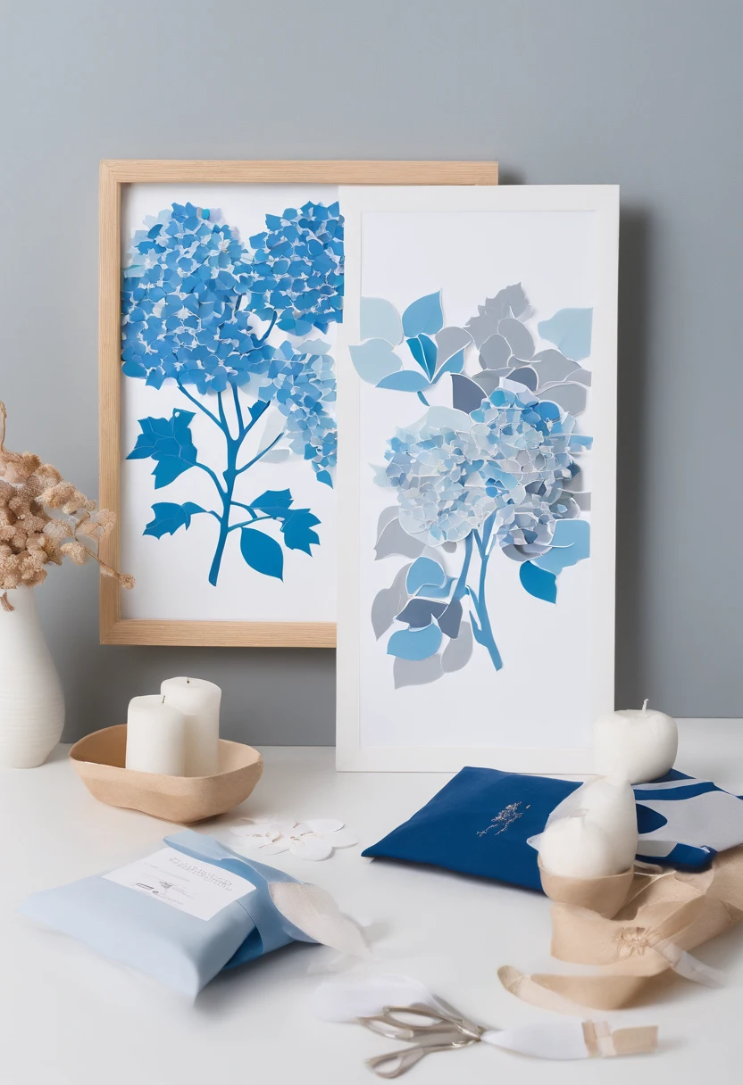 Show details of the hydrangea making process,Such as embroidery needles、Step-by-step completion of embroidery thread and hydrangeas。In bright blue、white colors、Grey predominantly,Highlight the clarity and meticulousness of the production process。