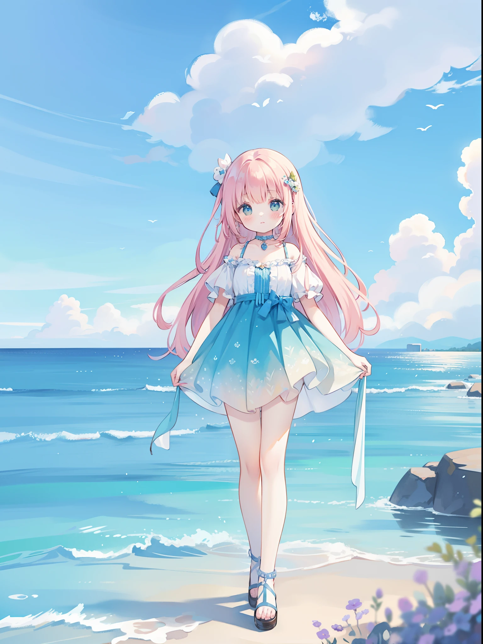 watercolor, children's storybook illustration, clouds, colorful, pastel colors, bright, ((masterpiece)), ((best quality)), 8k, intricate detail, high resolution, highly detailed environment, perfect architecture, sharp focus, highly detailed, fine detail, masterpiece, best quality, tiny details, watercolor storybook illustration, (ocean fantasy landscape), watercolor illustration, whimsical, fantasy, beautiful girl walking on the water