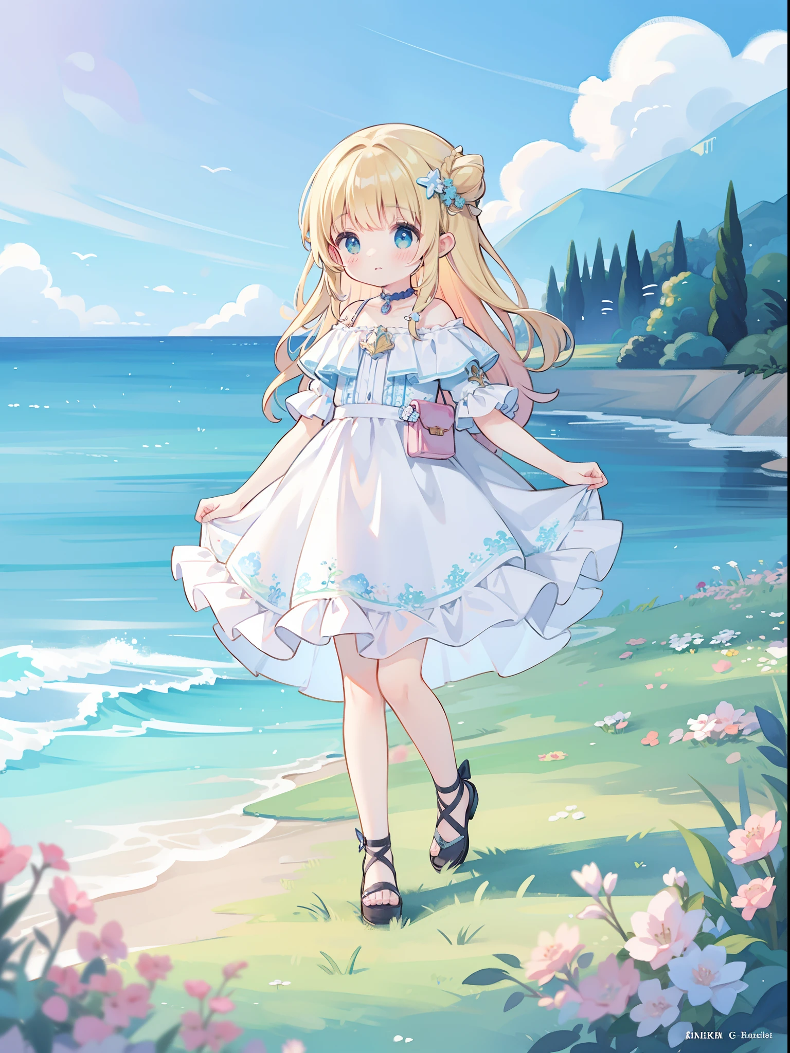 watercolor, children's storybook illustration, clouds, colorful, pastel colors, bright, ((masterpiece)), ((best quality)), 8k, intricate detail, high resolution, highly detailed environment, perfect architecture, sharp focus, highly detailed, fine detail, masterpiece, best quality, tiny details, watercolor storybook illustration, (ocean fantasy landscape), watercolor illustration, whimsical, fantasy, beautiful girl walking on the water