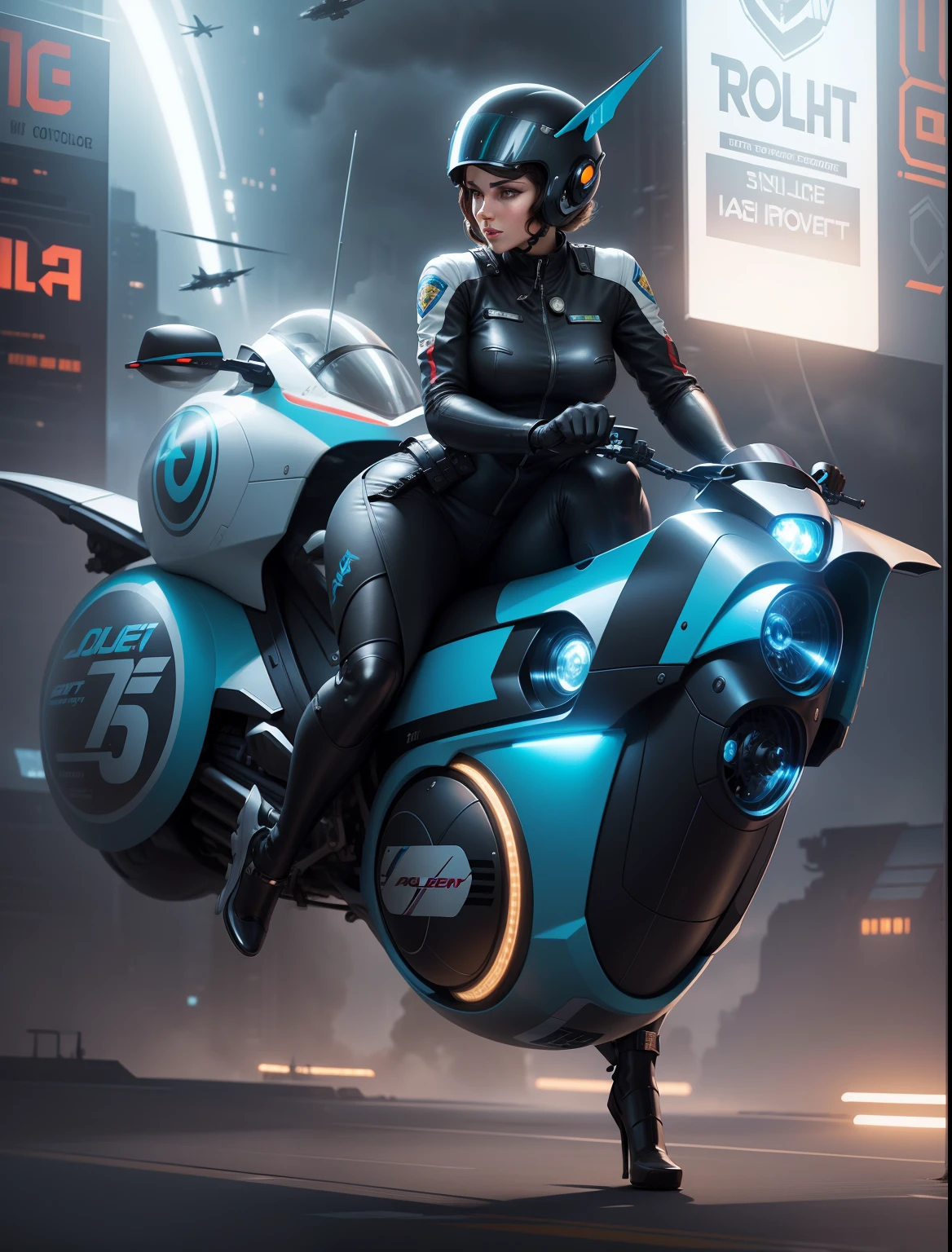 Beautiful Lady Cop, riding a futuristic hoverbike, jet bike, jet motorcycle, photorealistic, hyperdetailed, superior-illustration, 24kresolution, professional illustrator, in the style of Norman Rockwell, stormy atmophere