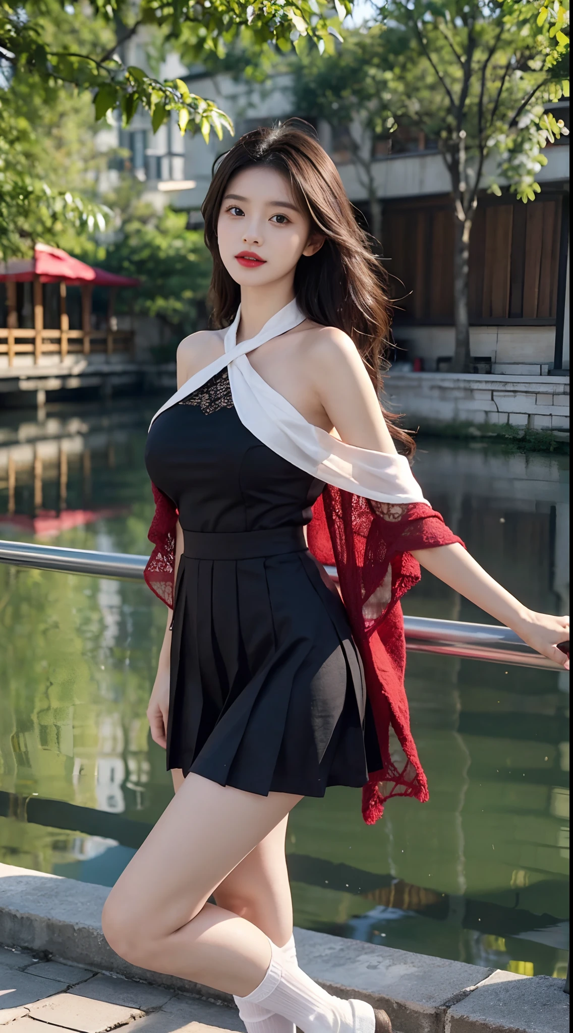 A perfect young female white-collar worker，Chinese big breasts，High picture quality，Works of masters，Black hair，Long hair shawl，Long hair flowing over the shoulders，Beach wave hairstyle，cropped shoulders，鎖骨，exquisite face，Hydrated red lips，（（Wear colorful and stylish summer sailor suits））（red colour，blue colors，green color，Violet-orange，In pink，amarelo，Printed clothing），Kurfo，，Colorful pleated skirt，white stockings，over knee socks，Magic starry sky dress，Lace skirt，Puff sleeve skirt，Tassel elements，Lace paneled elements，Openwork elements，Texture element，Real Human，CG rendering，16k，Stand up，Suzhou Garden，On the bridge，Do not show your hands，Close-up shot