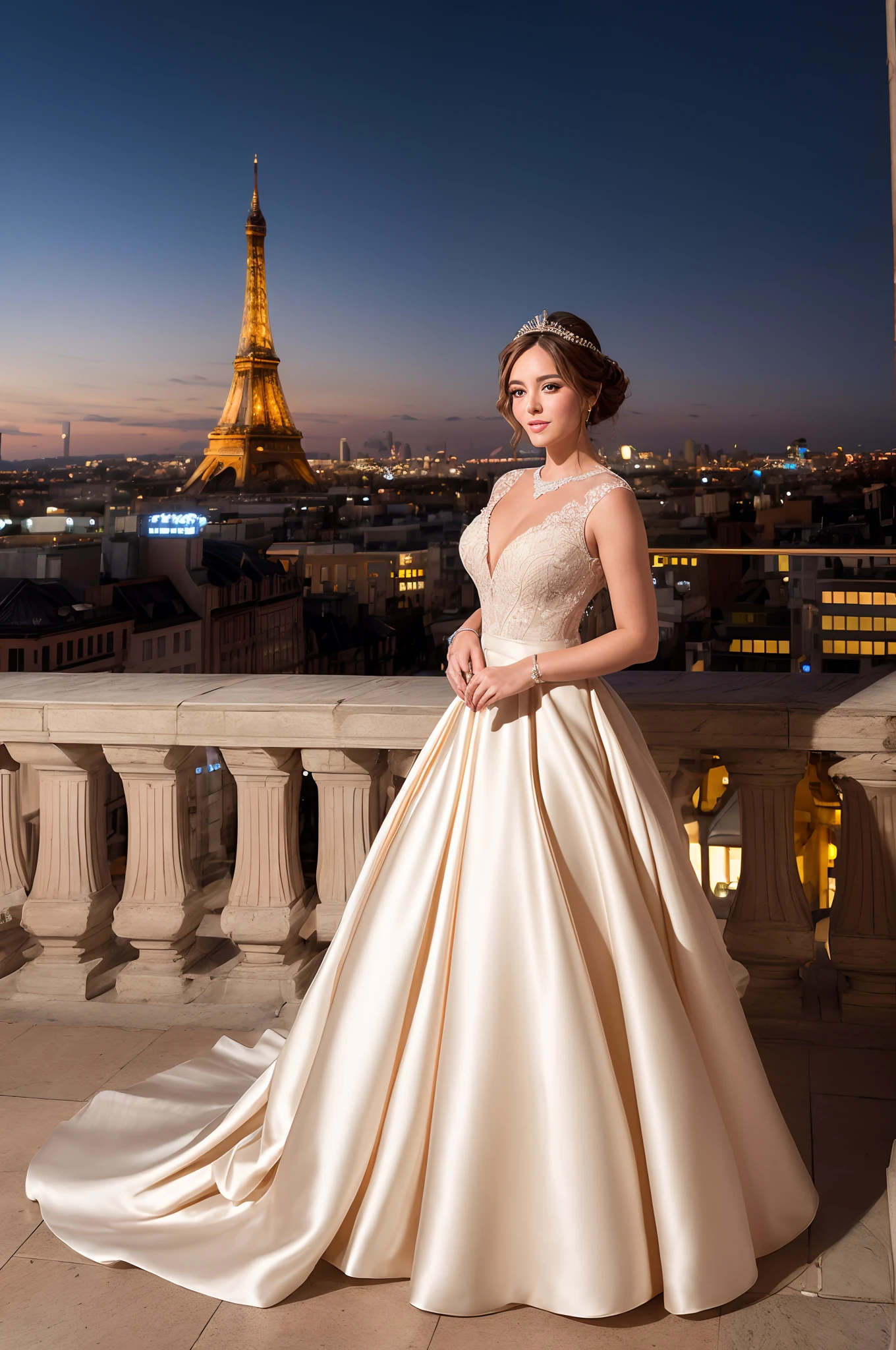 Capture a portrait of the lady in an elegant champagne-colored wedding dress in the heart of a bustling city. The background includes iconic cityscape elements, and city lights add a touch of urban glamour