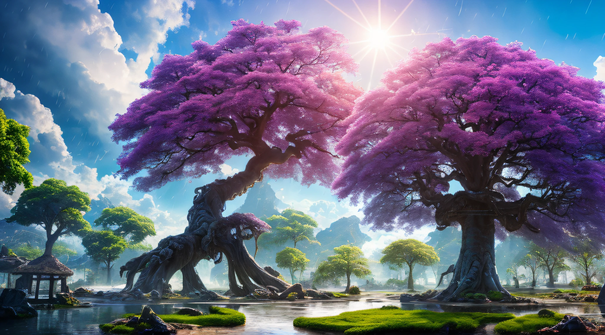 Masterpiece, best quality, high quality, highly detailed CG unity 8k wallpaper, surreal giant cyan rain tree in a futuristic prehistoric village, splashing water, sandy debris, lens flare, sun axis, fluffy clouds, ultra detailed, HDR, bloom, photorealistic, ultra detailed