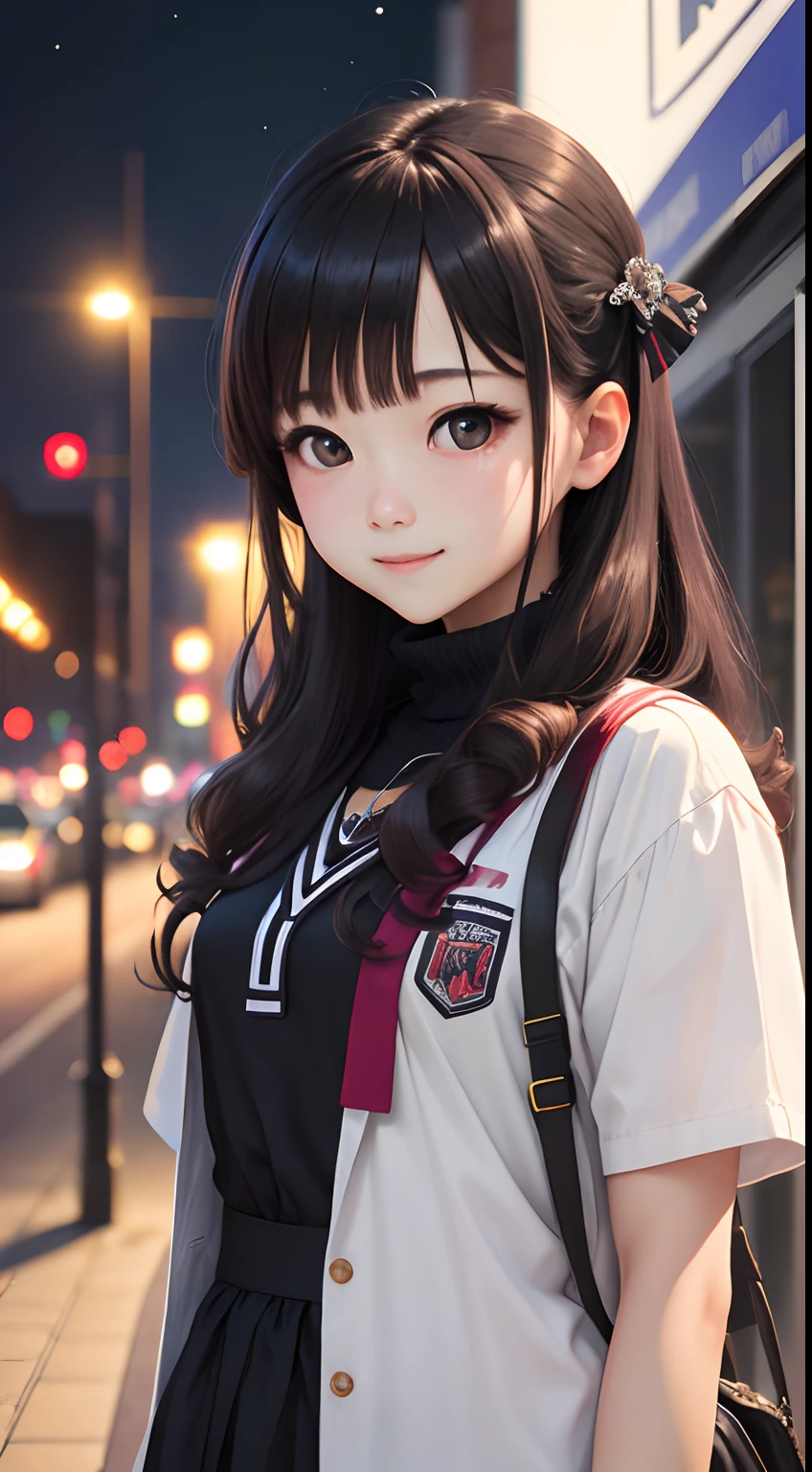 masutepiece, Best Quality, 8K, High school girl 18 years old, , Raw photo, absurderes, award winning portrait, Smile, Smile, Solo, Night, neons, Idol face, violaceaess, gardeniass, Delicate girl, Upper body, Digital SLR, Looking at Viewer, Candid, Sophisticated, zora々Right, Thin arms, Professional Lighting, Film grain, chromatic abberation, (Eyes and faces with detailed:1.0), (Bokeh:1.1)