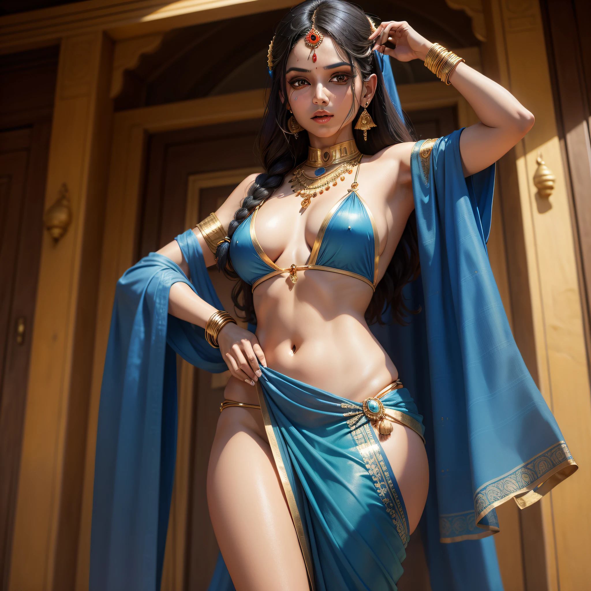 arafed woman in a blue sari and gold jewelry, traditional beauty, blue colored traditional wear, indian style, hindu aesthetic, assamese aesthetic, mid shot portrait, dressed in a sari, traditional makeup, indian goddess, wearing an elegant tribal outfit, wearing a sari, traditional, adorned with precious stones, traditional female hairstyles, indian, hindu, portrait shot, naked with bikini