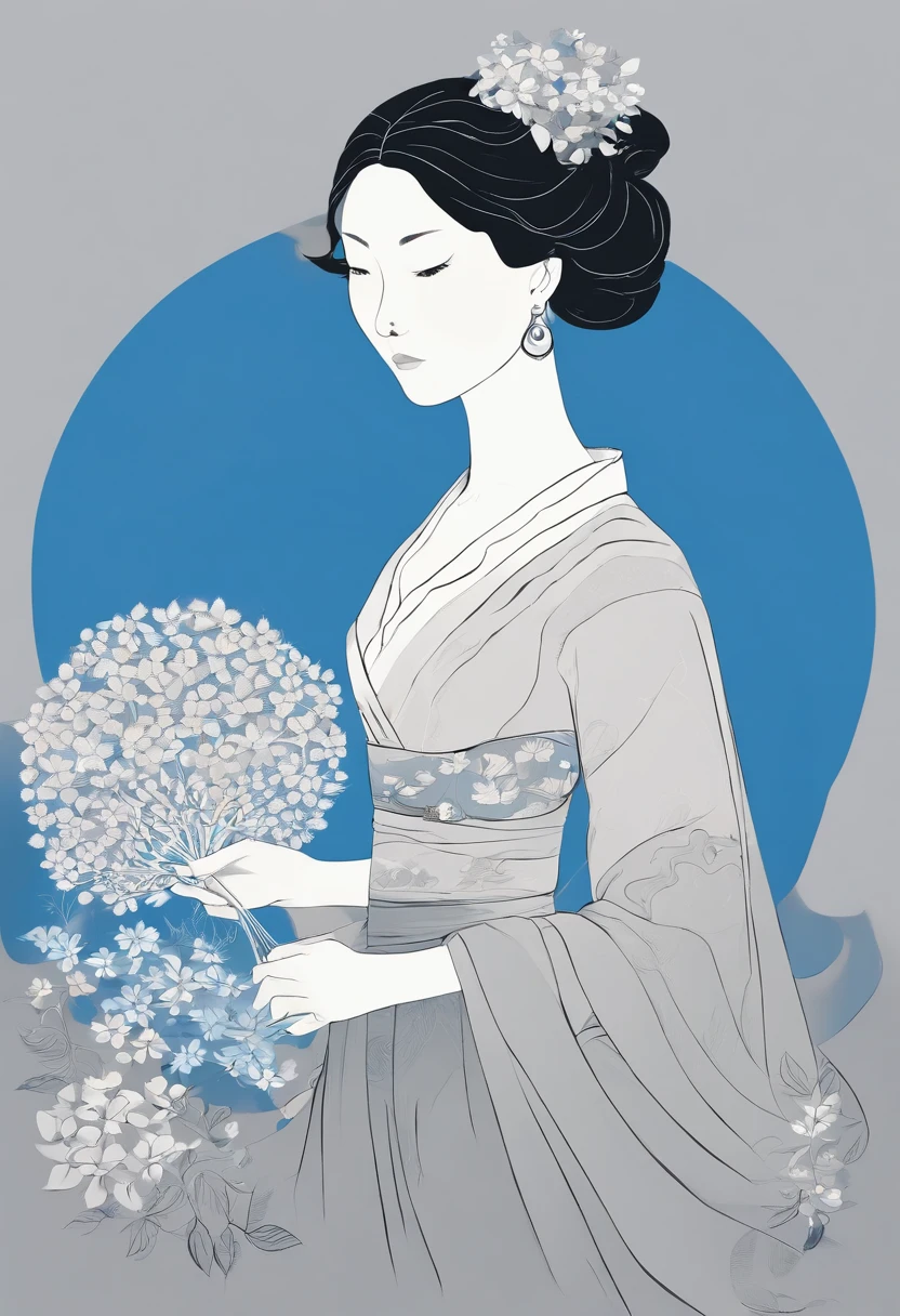 A woman in traditional dress holds a hydrangea ball,Show details of the hydrangea making process,Such as embroidery needles、Step-by-step completion of embroidery thread and hydrangeas。In bright blue、white colors、Grey predominantly,Highlight the clarity and meticulousness of the production process。
