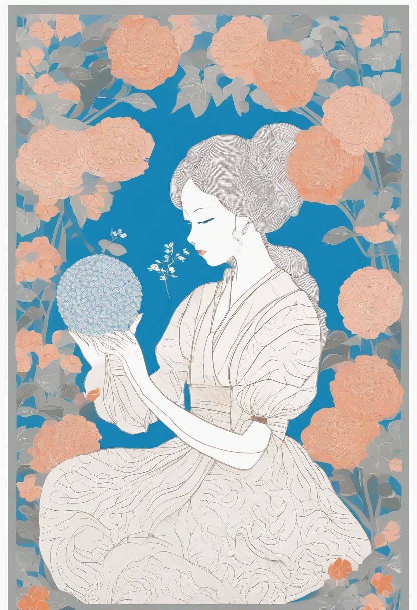 A woman in traditional dress holds a hydrangea ball，Show details of the hydrangea making process，Such as embroidery needles、Step-by-step completion of embroidery thread and hydrangeas。In bright blue、white colors、Grey predominantly，Highlight the clarity and meticulousness of the production process。