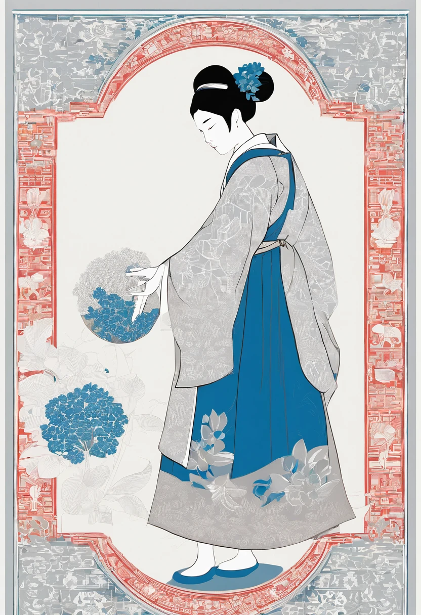 A woman in traditional dress holds a hydrangea ball，Show details of the hydrangea making process，Such as embroidery needles、Step-by-step completion of embroidery thread and hydrangeas。In bright blue、white colors、Grey predominantly，Highlight the clarity and meticulousness of the production process。