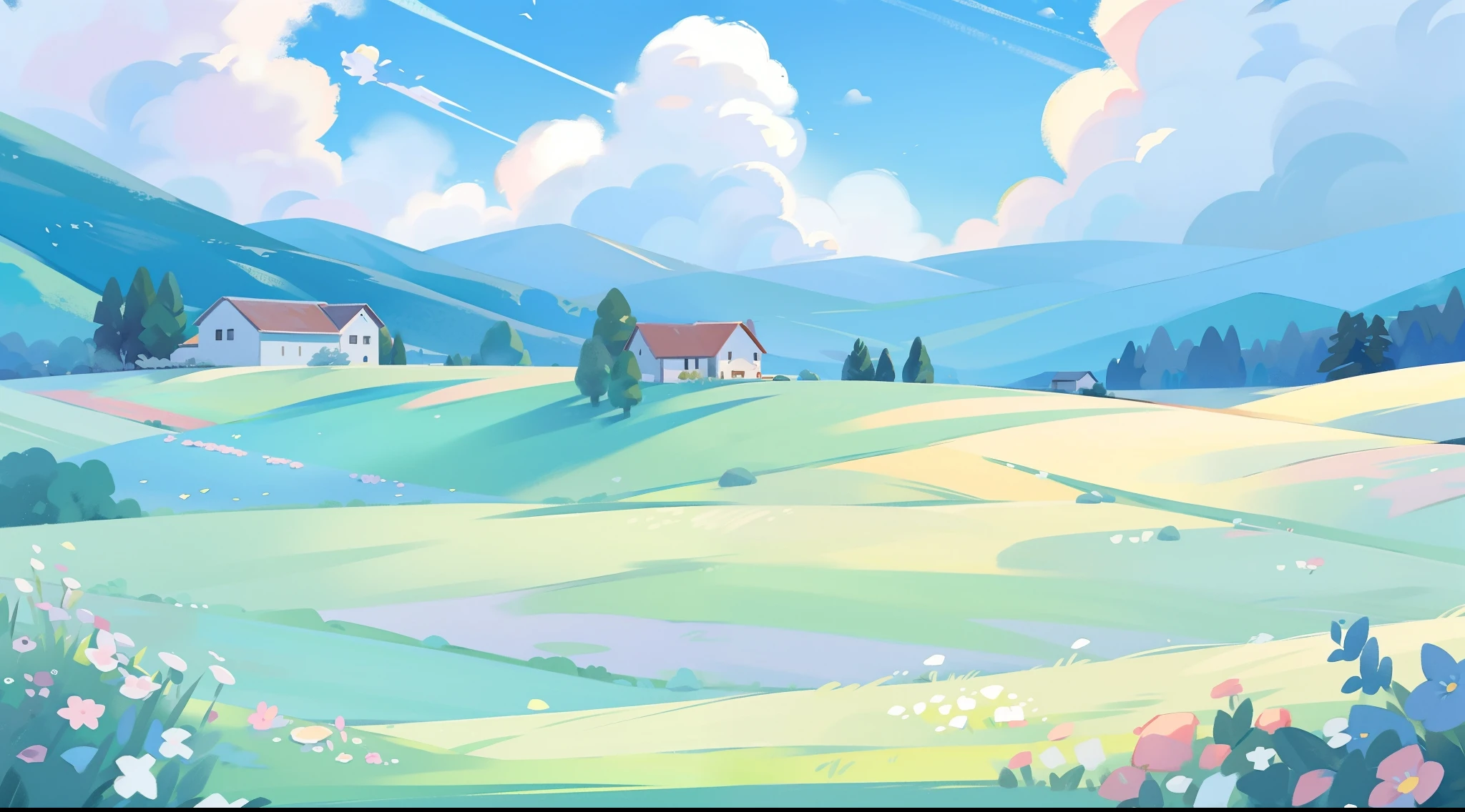 watercolor, children's storybook illustration, clouds, colorful, pastel colors, bright, ((masterpiece)), ((best quality)), 8k, intricate detail, high resolution, highly detailed environment, perfect architecture, sharp focus, highly detailed, countryside fantasy, watercolor illustration, whimsical, bright colors, huge overgrown farmhouse, barn, sharp details, meadow, vines, colorful flowers, perfect architecture