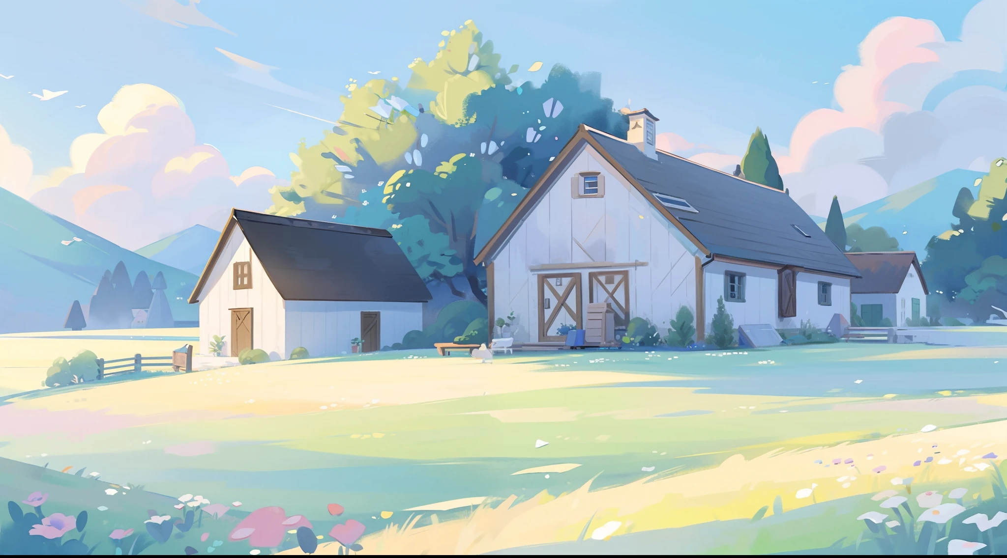 watercolor, children's storybook illustration, clouds, colorful, pastel colors, bright, ((masterpiece)), ((best quality)), 8k, intricate detail, high resolution, highly detailed environment, perfect architecture, sharp focus, highly detailed, countryside fantasy, watercolor illustration, whimsical, bright colors, huge overgrown farmhouse, barn, sharp details, meadow, vines, colorful flowers, perfect architecture