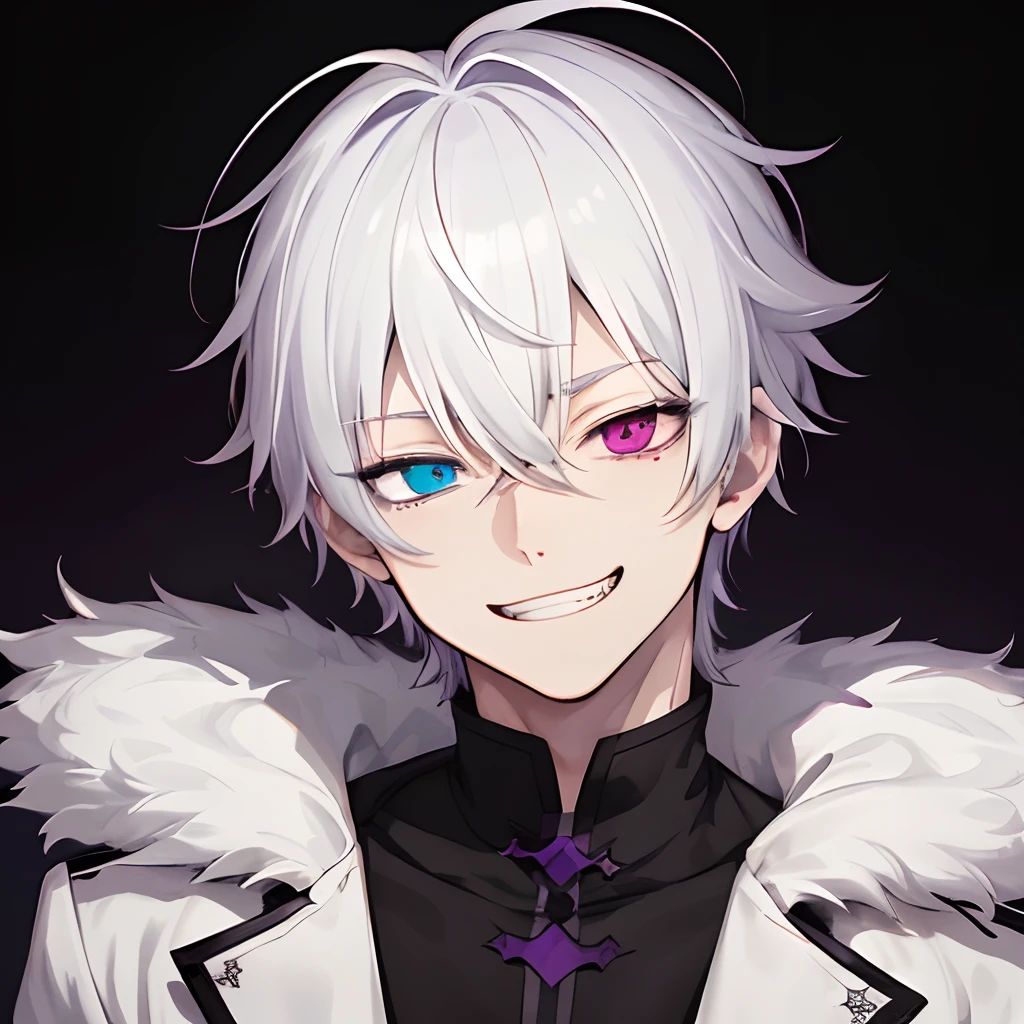 1 boy、A white-haired、purplish white eyes、maniacal grin、short messy hair、Portrait 、handsome 、heterochromia 、hair covering right eye、Evil grin、dark