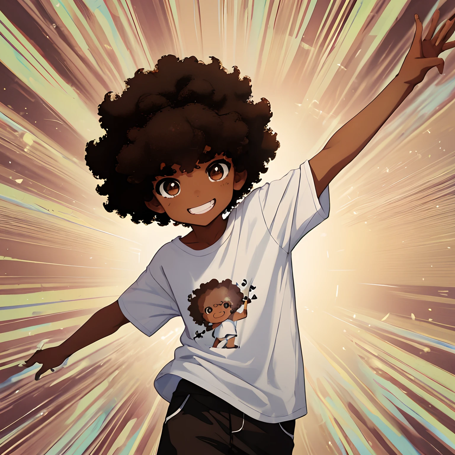 1 cartoon child with brown eyes, white t-shirt, smol, dark skin, eyes glowing brown, african, small character, dark brown hair, grinning cocky, afro, looking at viewer, solo