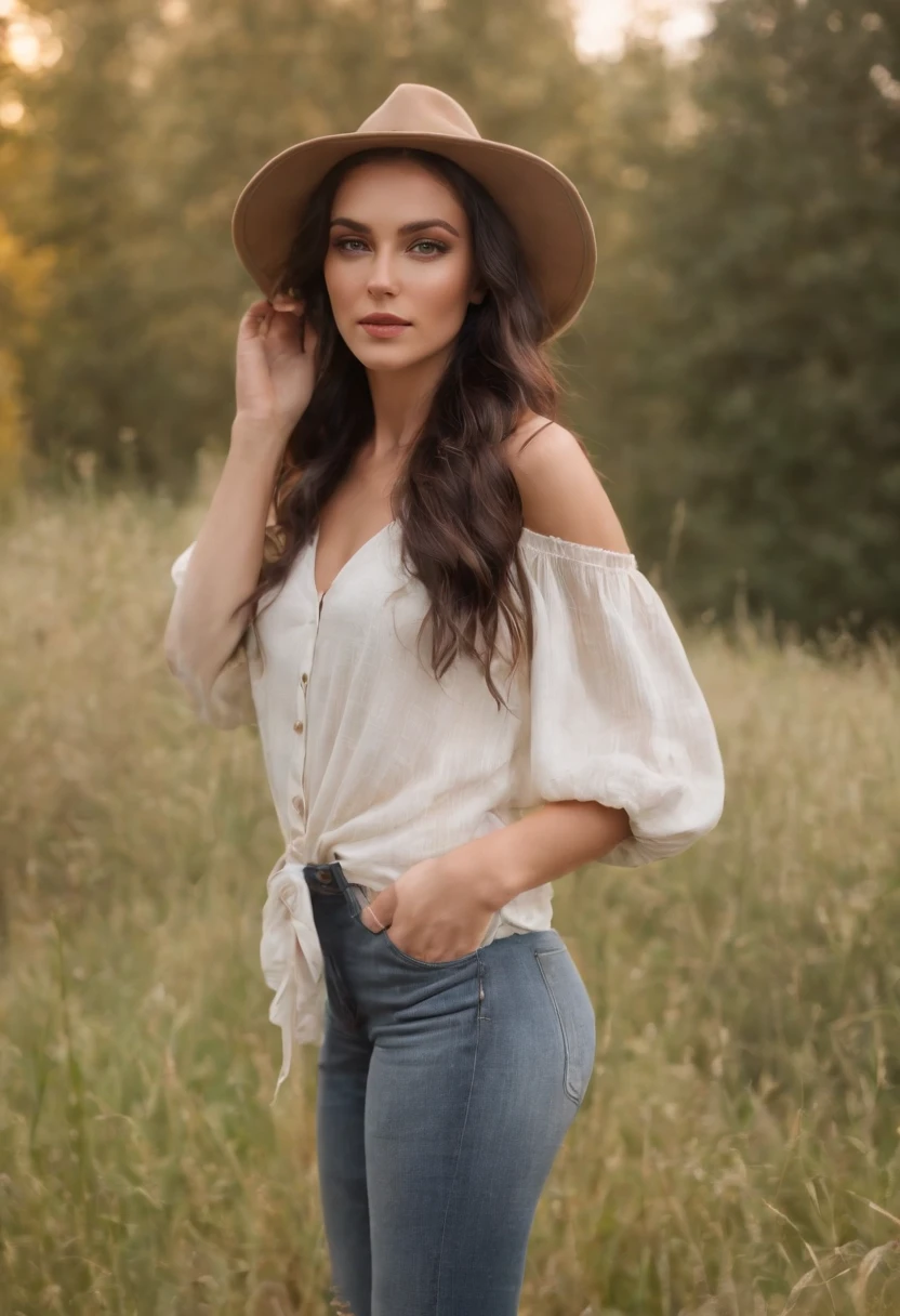 yael shelbia（Beautiful and bold，Seductive and captivating，eBlue eyes，Long curly black hair，Sweaty body，Open shirt，shorter pants，my，Boots，bucket-hat）。（Autumn roads，setting sun，grassy fields，film effect），（best qualtiy，tmasterpiece，depth of fields，Full-HD，4K，detail-rich）。Estilo Retrato