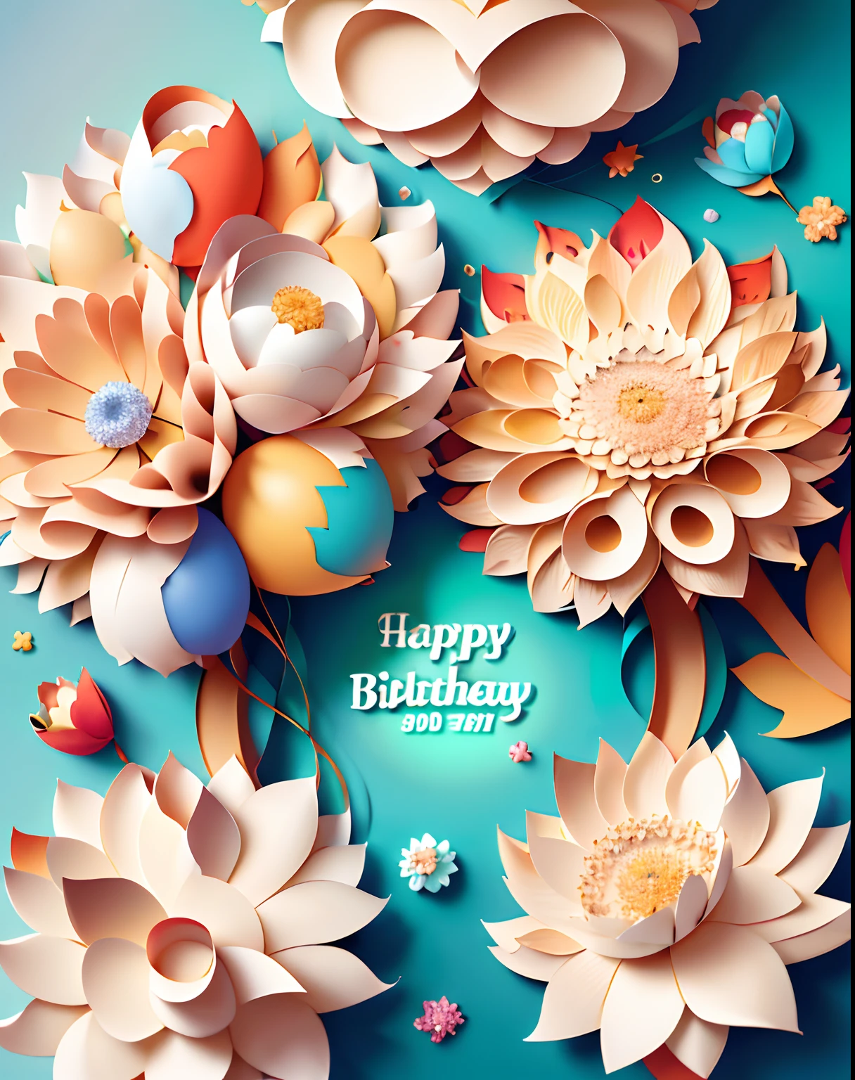 Add "happy birthay" Titles that use art fonts, Realistic, Soft light, (warm color: 1.2), Watercolor painting, elegant backdrop, best quality exquisite details, 3D rendering of, Octane rendering, Pastel color scheme, The birthday cake, Flowers, kotori, balloons, Super high quality, (Paper_cut:1.15) (:Breathe naturally:) (Feel full of happiness)