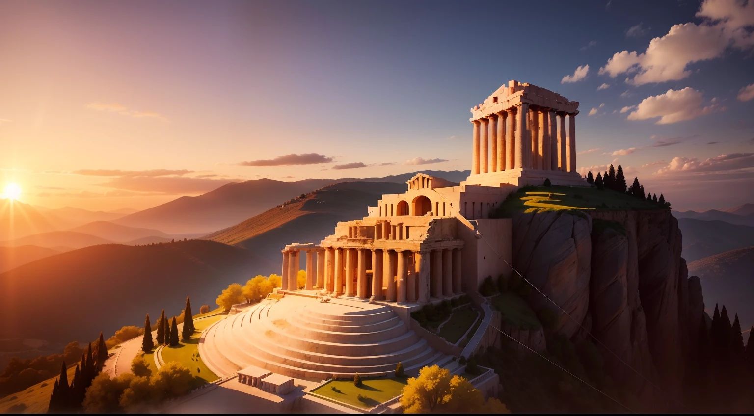 Generate an image of a majestic Greek temple perched atop a hill, bathed in the warm light of the setting sun.