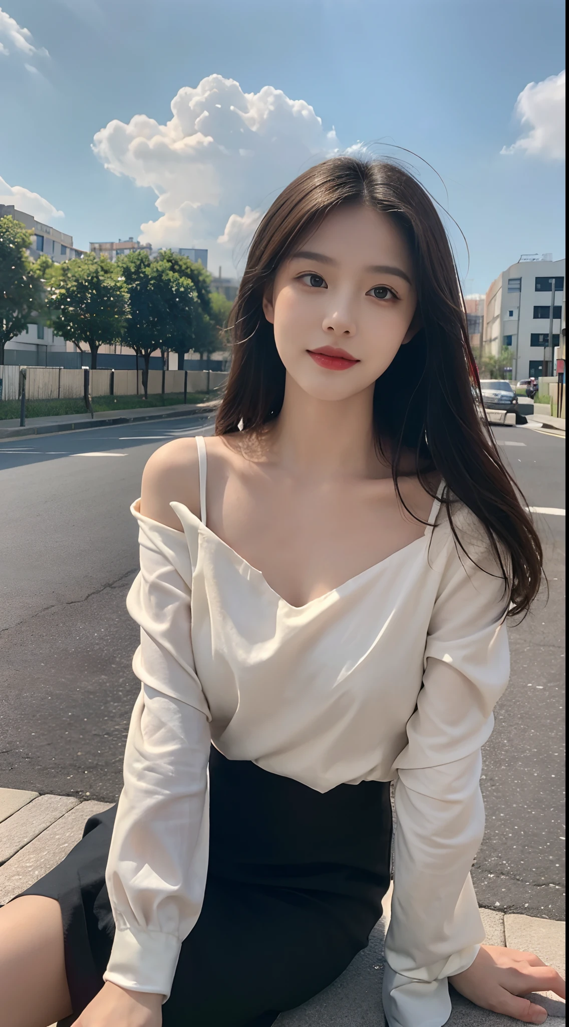 ((Best Quality, 8K, Masterpiece:1.3)), A beautiful girl, pure, melon face, gentle and cute, sweet smile, pure desire, thin figure, (frontal), (tilted head), looking directly at the camera, uniform, obi, formal, black silky long straight hair, long hair flowing over the shoulders, round black big eyes, clear big eyes, moist red lips, sweet, sitting on the side of the road, blue sky and white clouds, grass, buildings,