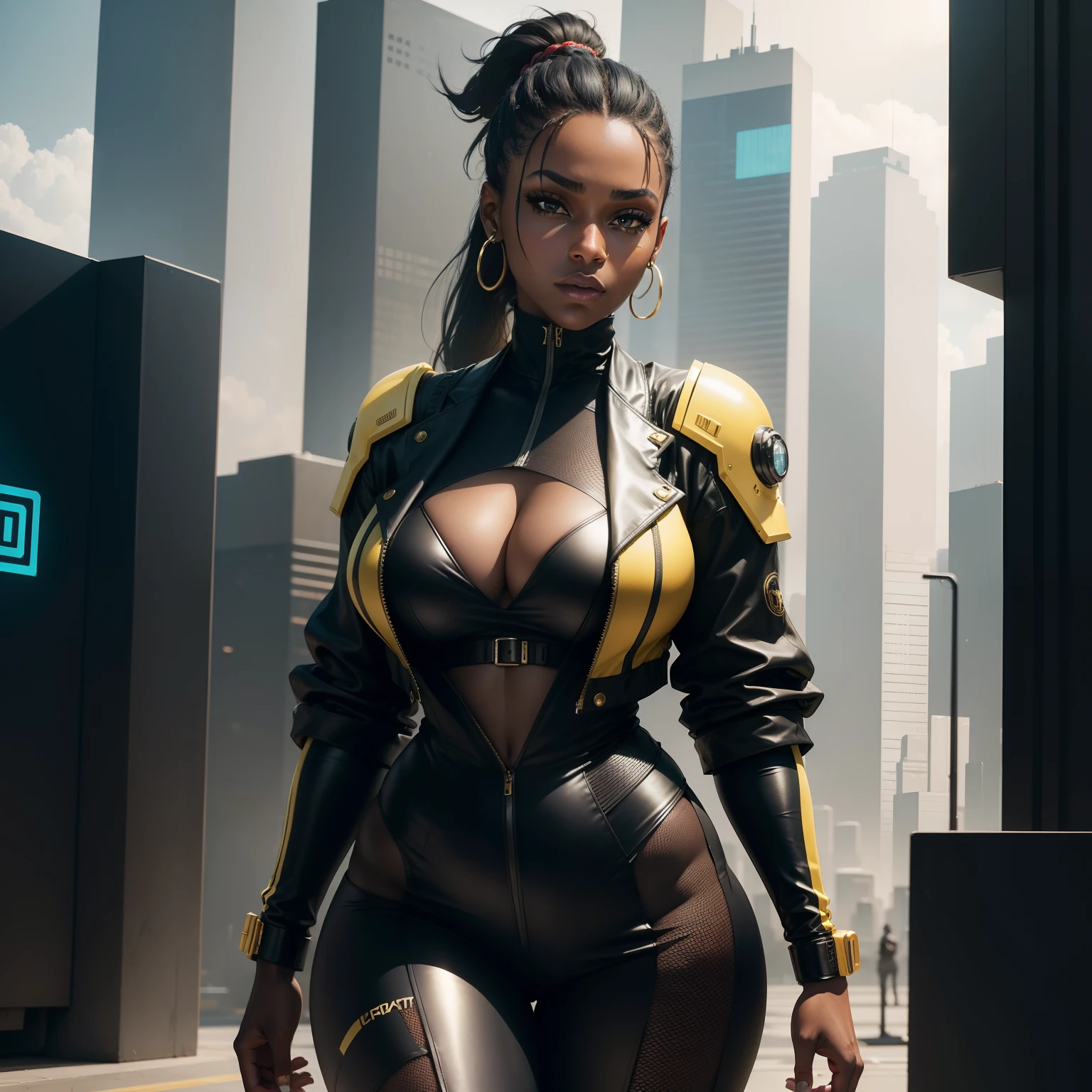 Masterpiece, best quality, beautiful female Cyberpunk corporate executive, black skin , ponytail, corpulent, black suit with gold stripes