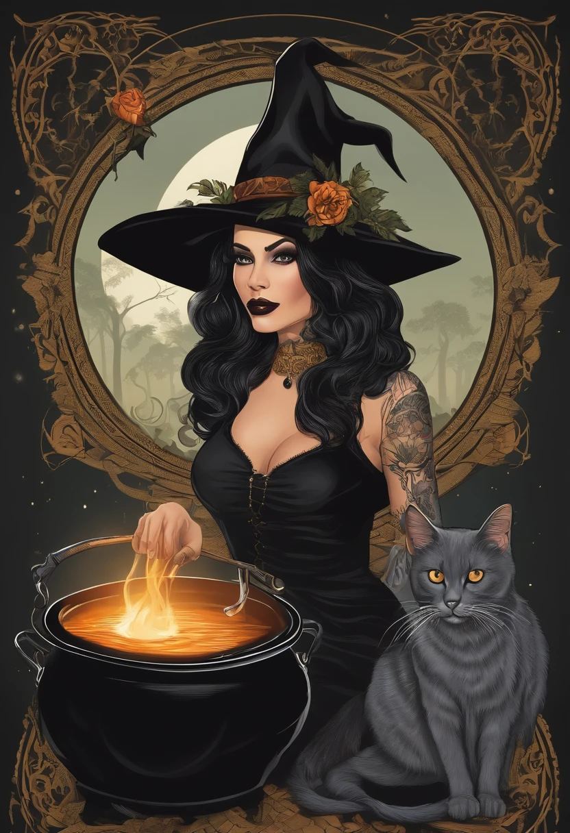 Tattoo convention poster with a beautiful and tattooed witch, wearing traditional black witch dress and witch hat, com cabelos brancos, em seu quarto de alquimista, stirring a cauldron with his black cat on the side watching, tendo como pano de fundo uma noite de fantasia com lua cheia e vista da janela