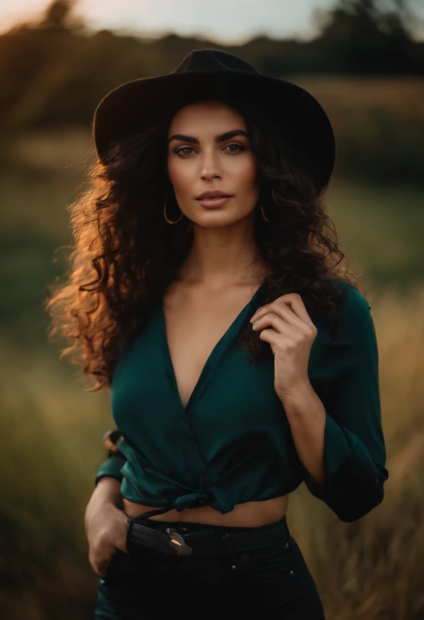 yael shelbia(Beautiful and bold,Seductive and captivating,eBlue eyes,Long curly black hair,Sweaty body,Open shirt,shorter pants,my,Boots,bucket-hat)。(Autumn roads,car,setting sun,grassy fields,film effect),(best qualtiy,tmasterpiece,depth of fields,Full-HD,4K,detail-rich)。Estilo Retrato