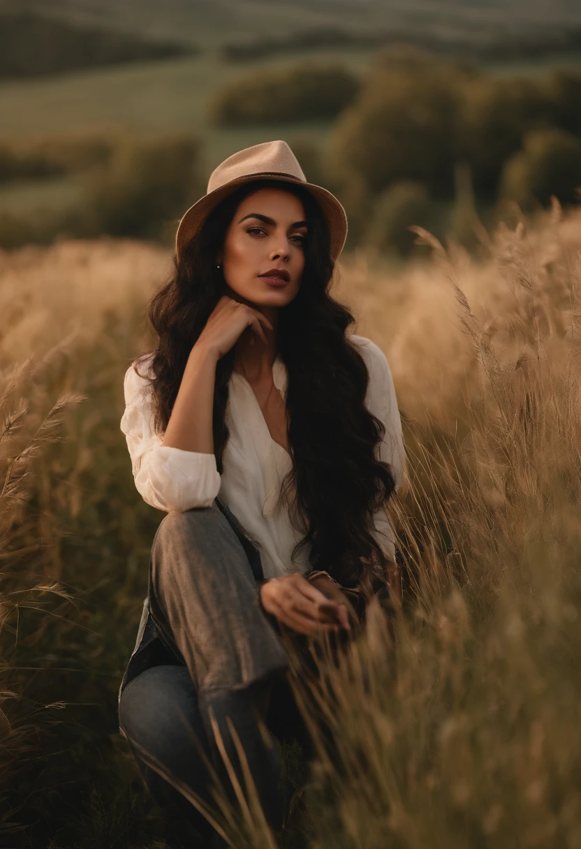 yael shelbia(Beautiful and bold,Seductive and captivating,eBlue eyes,Long curly black hair,Sweaty body,Open shirt,shorter pants,my,Boots,bucket-hat)。(Autumn roads,car,setting sun,grassy fields,film effect),(best qualtiy,tmasterpiece,depth of fields,Full-HD,4K,detail-rich)。Estilo Retrato