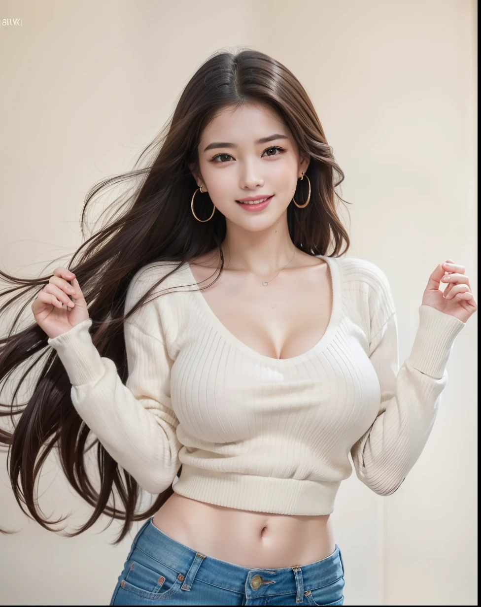 (8k, RAW photos, top quality, masterpiece: 1.2), (realistic, photorealistic: 1.37), (High Quality), (Ultra realistic), (High Details), (Face detail), (Shadow Detail), ((Gigantic huge breasts: 1.5)), solo, 1 girl, brown hair, close eyes, smile, open mouth, yellow sweater, blue jeans, earrings