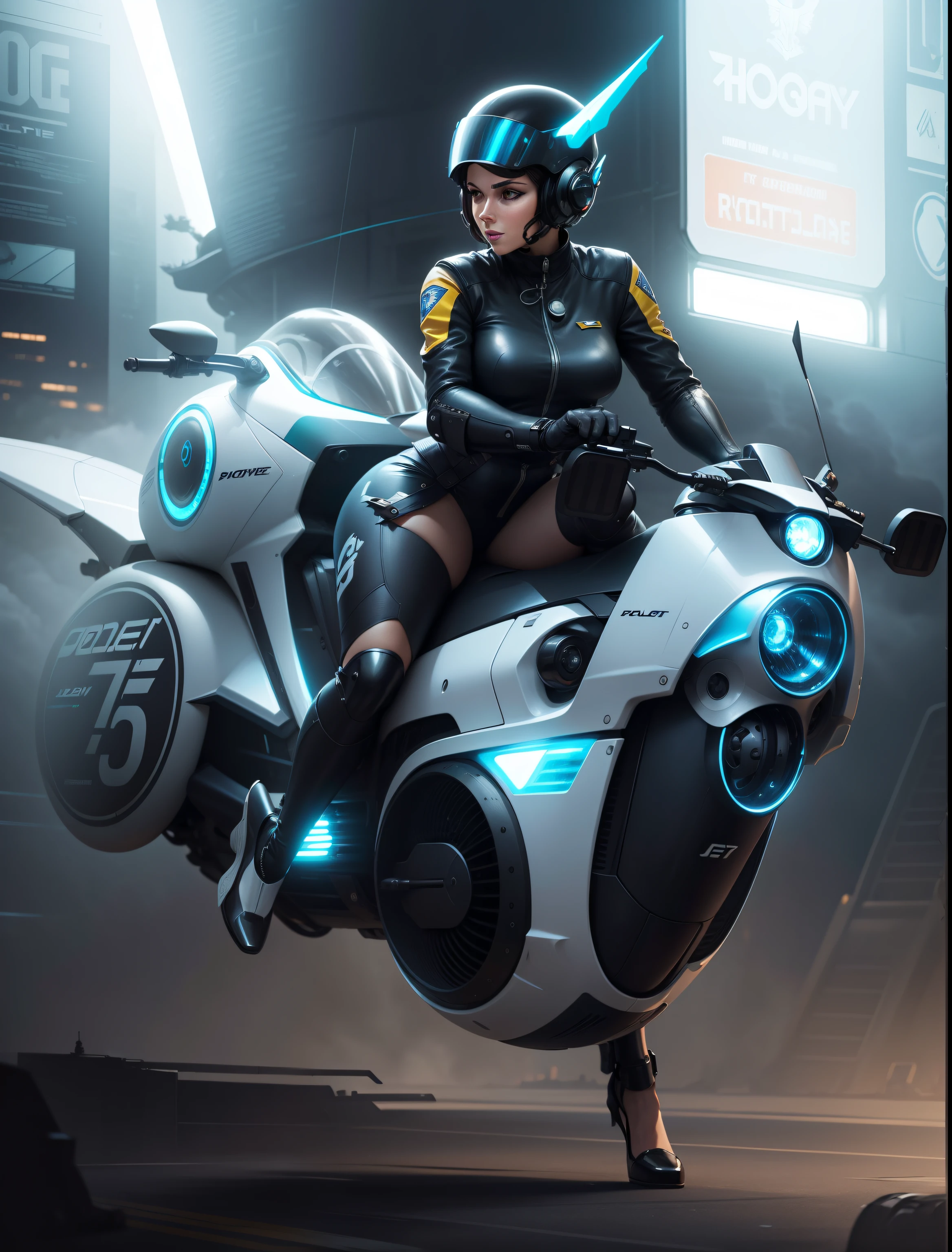 Beautiful Lady Cop, riding a futuristic hoverbike, jet bike, jet motorcycle, photorealistic, hyperdetailed, superior-illustration, 24kresolution, professional illustrator, in the style of Norman Rockwell, stormy atmophere