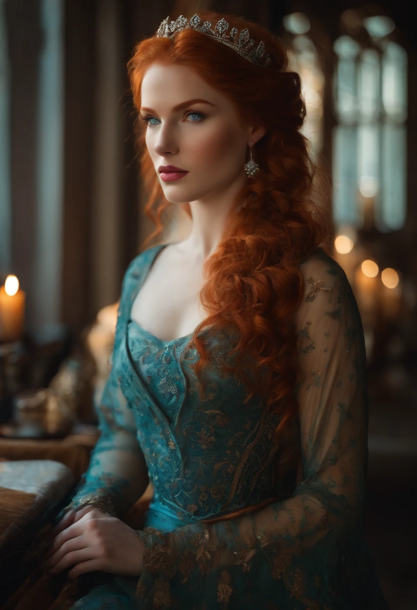redhead queen, tall, blue eyes, perfect nose, fat, round face, straight eyebrow god