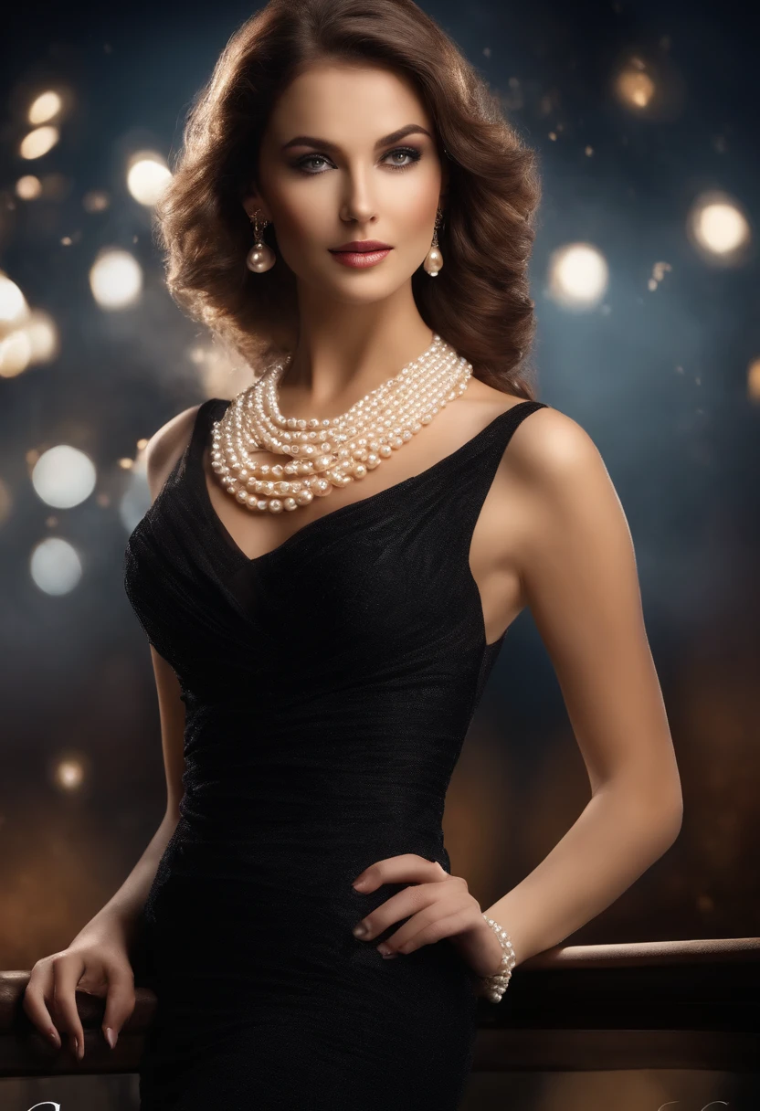 The sexiest beautiful beauty in the world,ellegance,pearls necklace,black color dress, Cinematic texture, Best quality, Movie poster, Soft lighting, Warm colors,