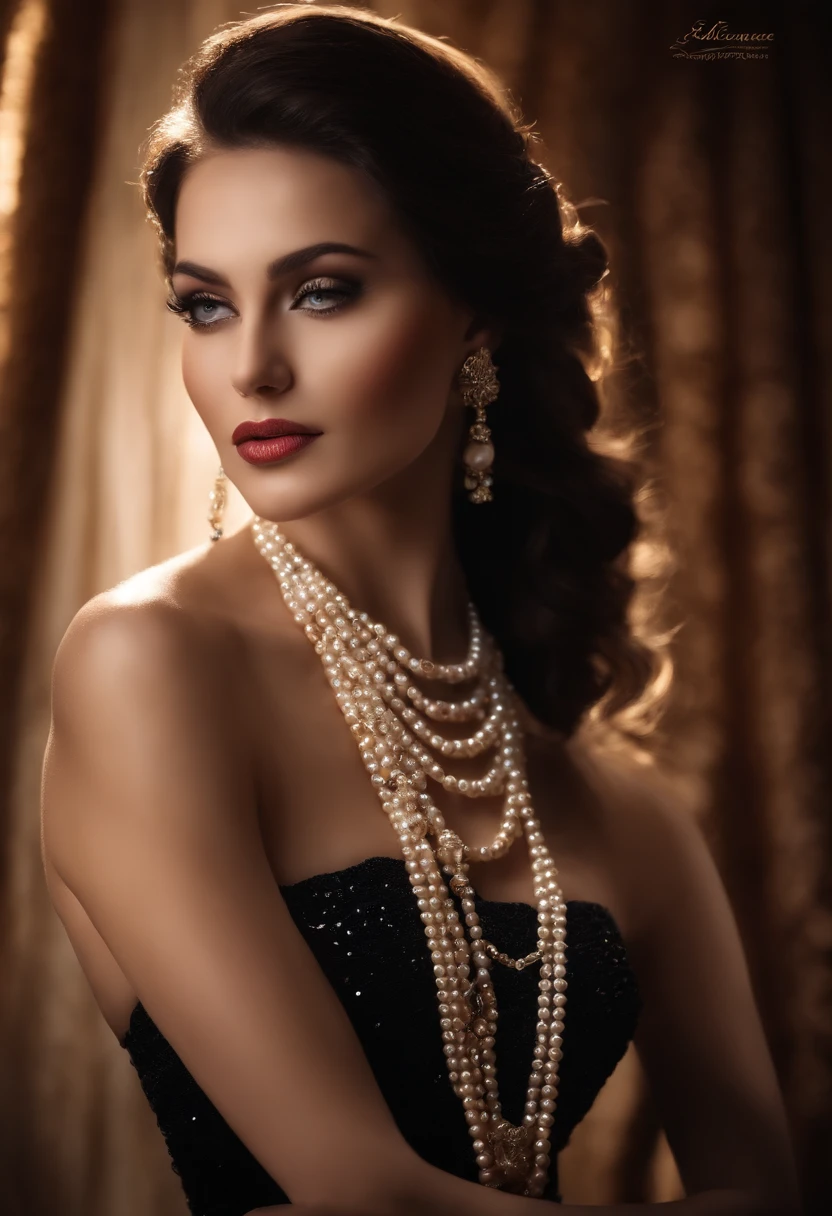The sexiest beautiful beauty in the world,ellegance,pearls necklace,black color dress, Cinematic texture, Best quality, Movie poster, Soft lighting, Warm colors,