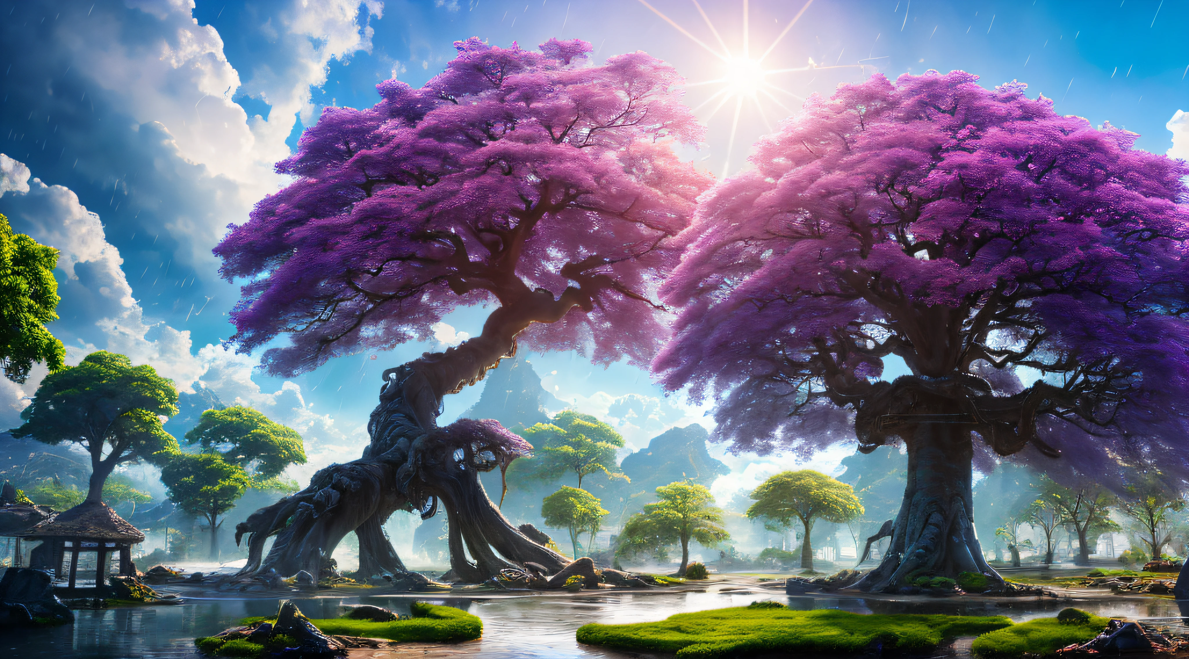 Masterpiece, best quality, high quality, highly detailed CG unity 8k wallpaper, surreal giant cyan rain tree in a futuristic prehistoric village, splashing water, sandy debris, lens flare, sun axis, fluffy clouds, ultra detailed, HDR, bloom, photorealistic, ultra detailed