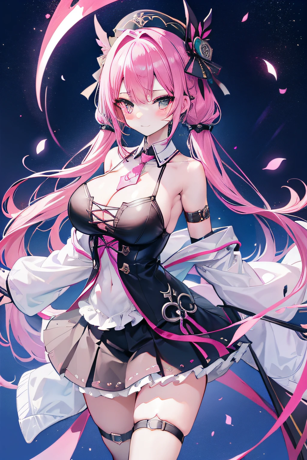 student clothes、The shirt、neck tie、tits out、huge tit、Gothic ta、a miniskirt、cleavage of the breast、Sleeveless、arm guards、full body Esbian、Student Cap、deph of field,Top image quality、Beautifully Aesthetic:1.2)、(1girl in:1.3)、(rainbow-colored hair、colourful hair、Half blue and half pink hair:1.2)、looking at the viewers、patterns、colourfull、colorful backdrop、starrysky、shooting stars、a smile、Throat and face