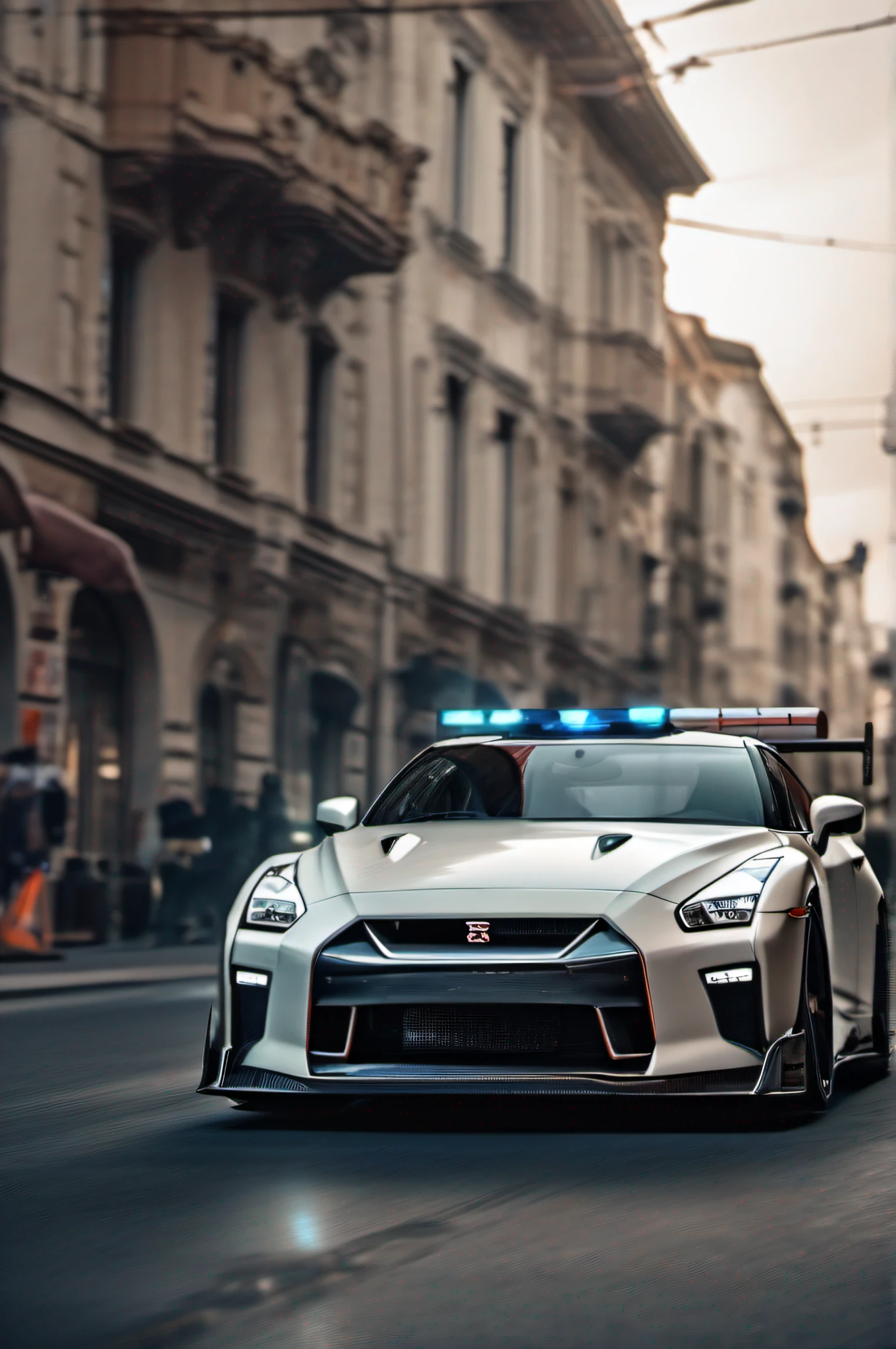 A quality image of Nissan GTR, Racing type, big wheels, street background, chasing police, high quality resolution, 4k, RTX, speed light