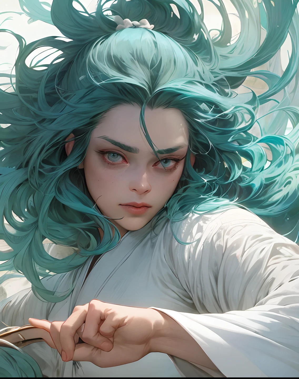 a close up of a man with a sword in a white dress, a character portrait by Yang J, trending on cgsociety, fantasy art, beautiful character painting, artwork in the style of guweiz, guweiz, white hanfu, flowing white robes, full body wuxia, epic exquisite character art, stunning character art, handsome male assassin, highly detailed facial features, extremely handsome , neon glow affects, zoomed out, 55mm, beautiful eyes, highly detailed eyes, sparkling shiny eyes, glowing pupils,masterpiece