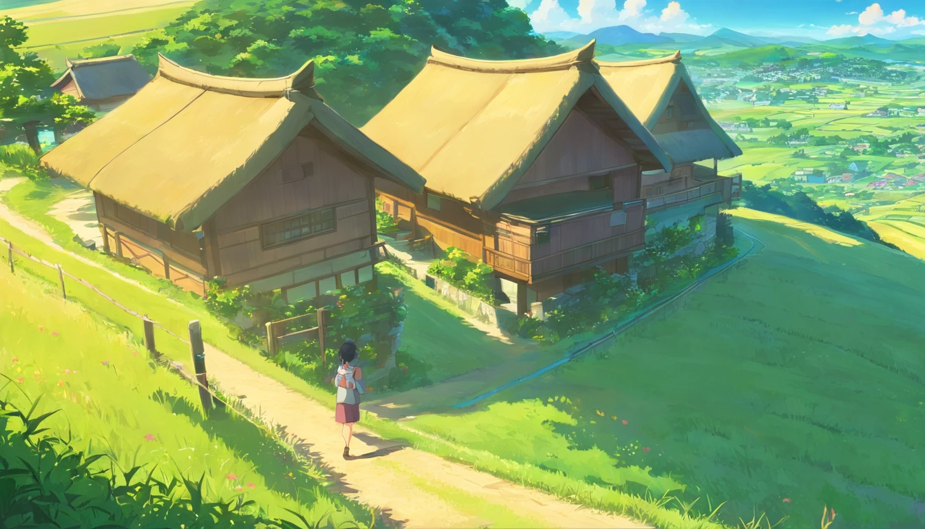 1****** com cabelos pretos, olhos azuis, camisa vermelha, um pacote de sacos, Vila rural, Studio Ghibli Scenario, brazil, perfeito, best quality, melhor arte, (alto detalhamento:1.4) 8Kpitoresca aldeia aninhada em um vale exuberante. The sun is rising, casting a warm glow on the thatched houses and rolling hills.